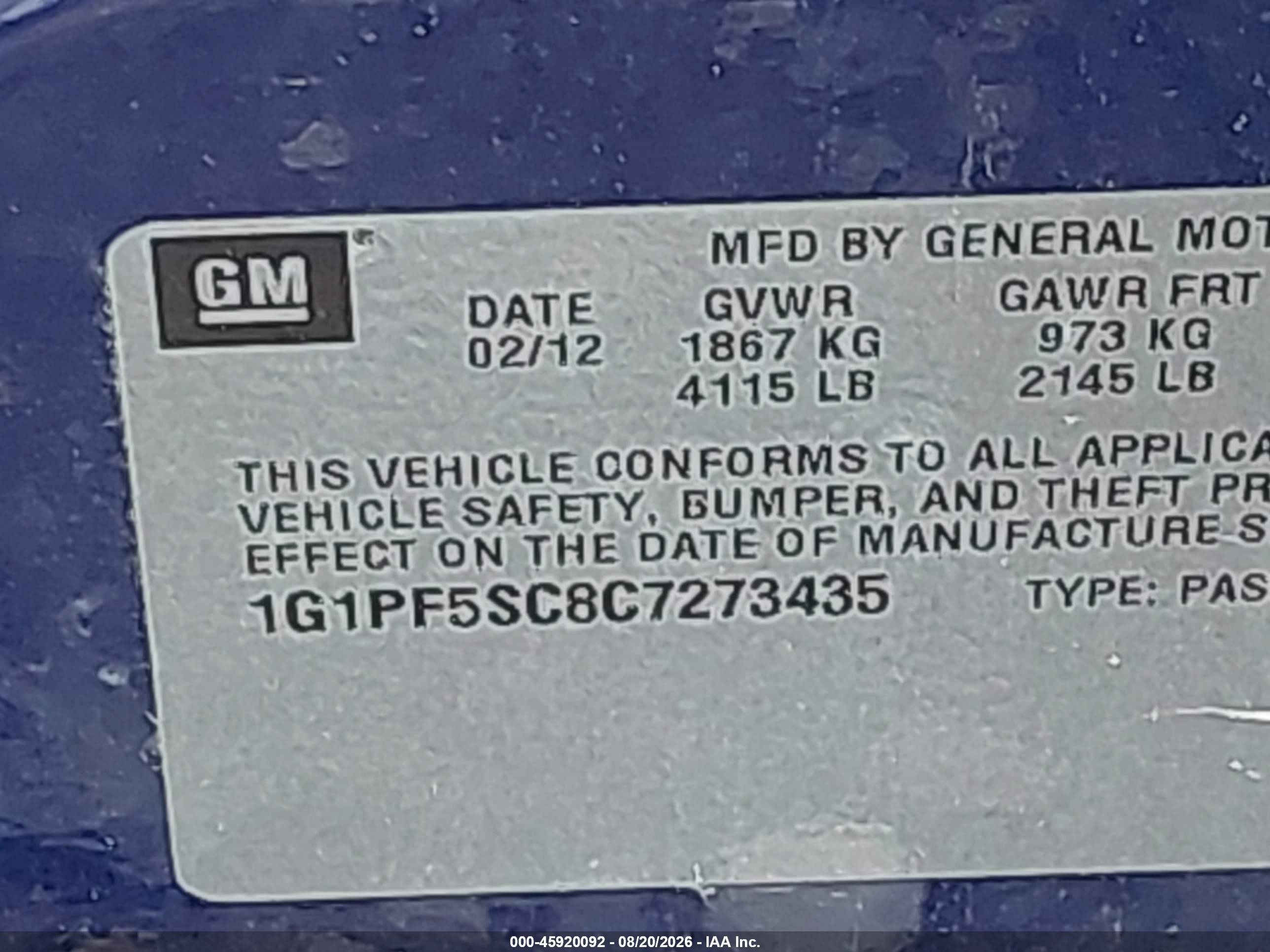 2012 Chevrolet Cruze 1lt Blue vin: 1G1PF5SC8C7273435