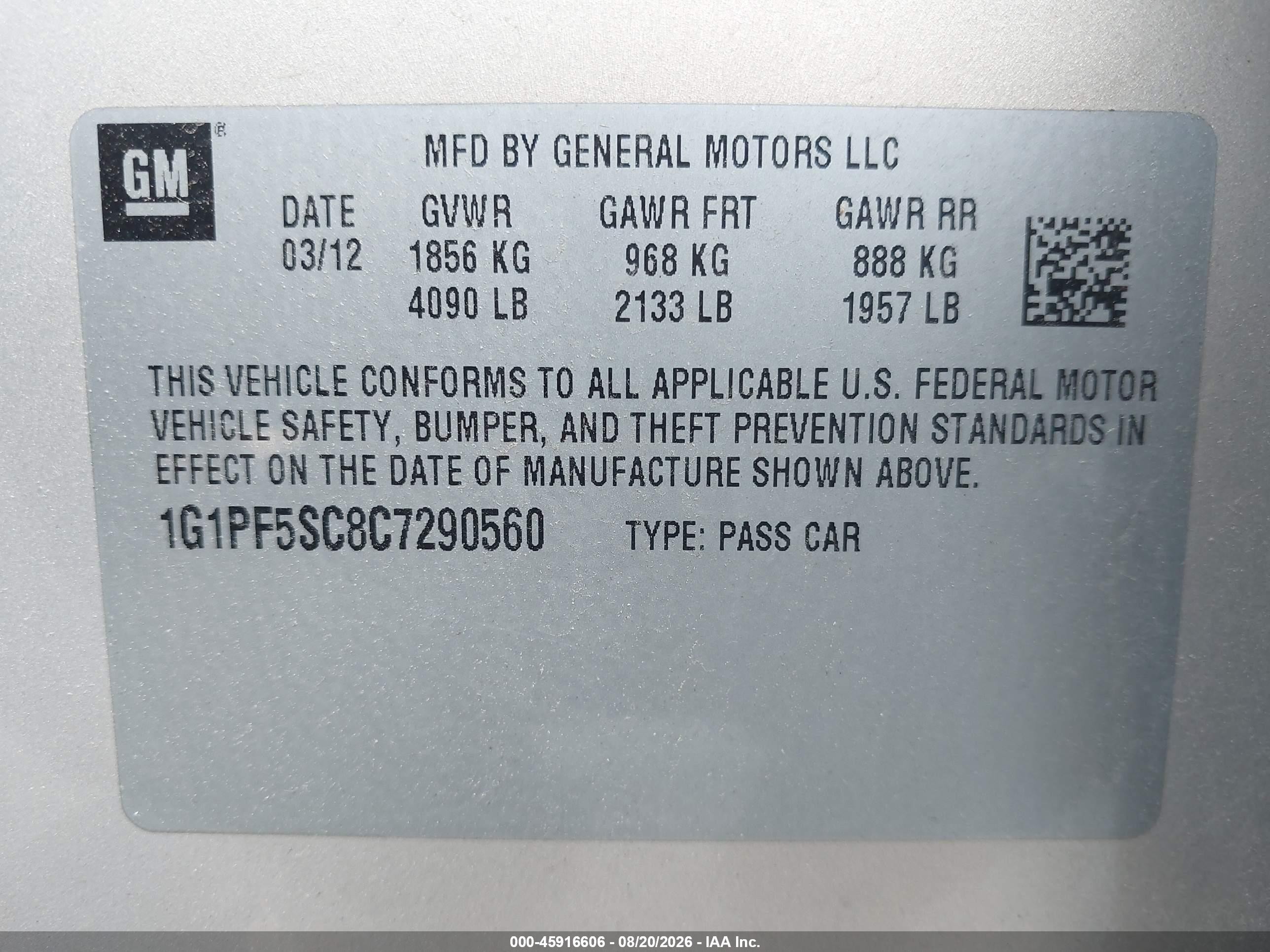 2012 Chevrolet Cruze 1lt Champagne vin: 1G1PF5SC8C7290560