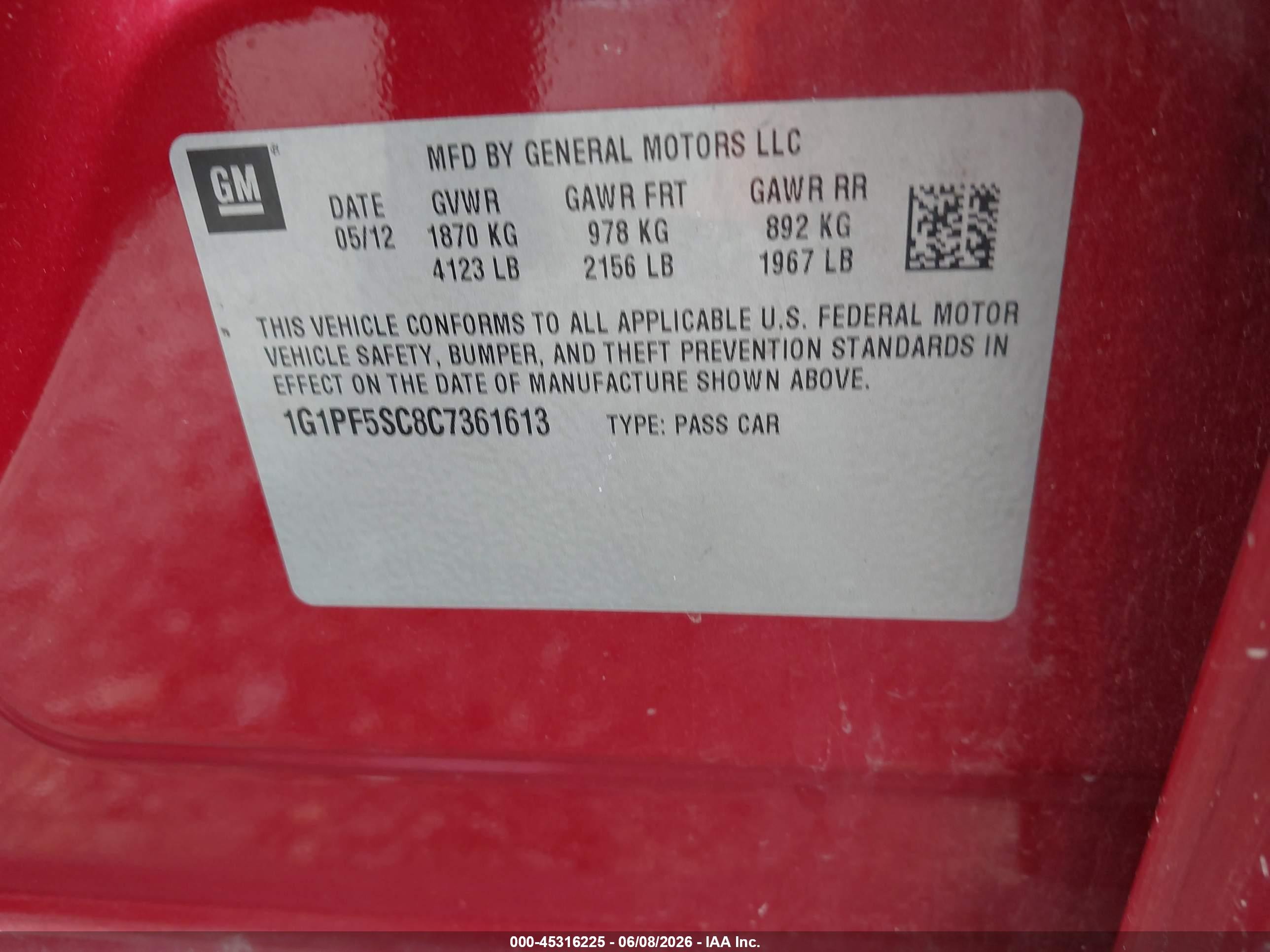 2012 Chevrolet Cruze 1lt Red vin: 1G1PF5SC8C7361613