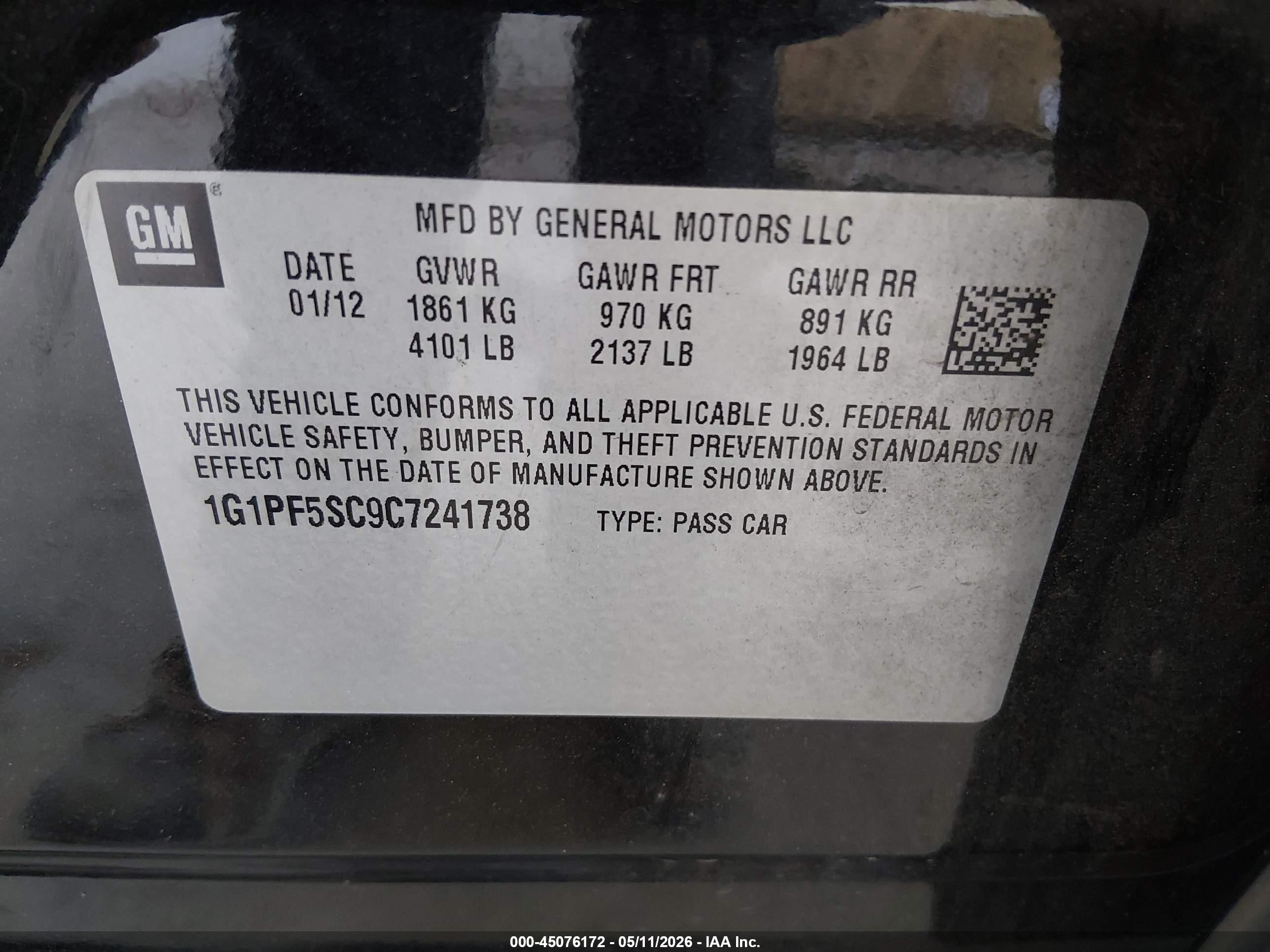 2012 Chevrolet Cruze 1lt Black vin: 1G1PF5SC9C7241738