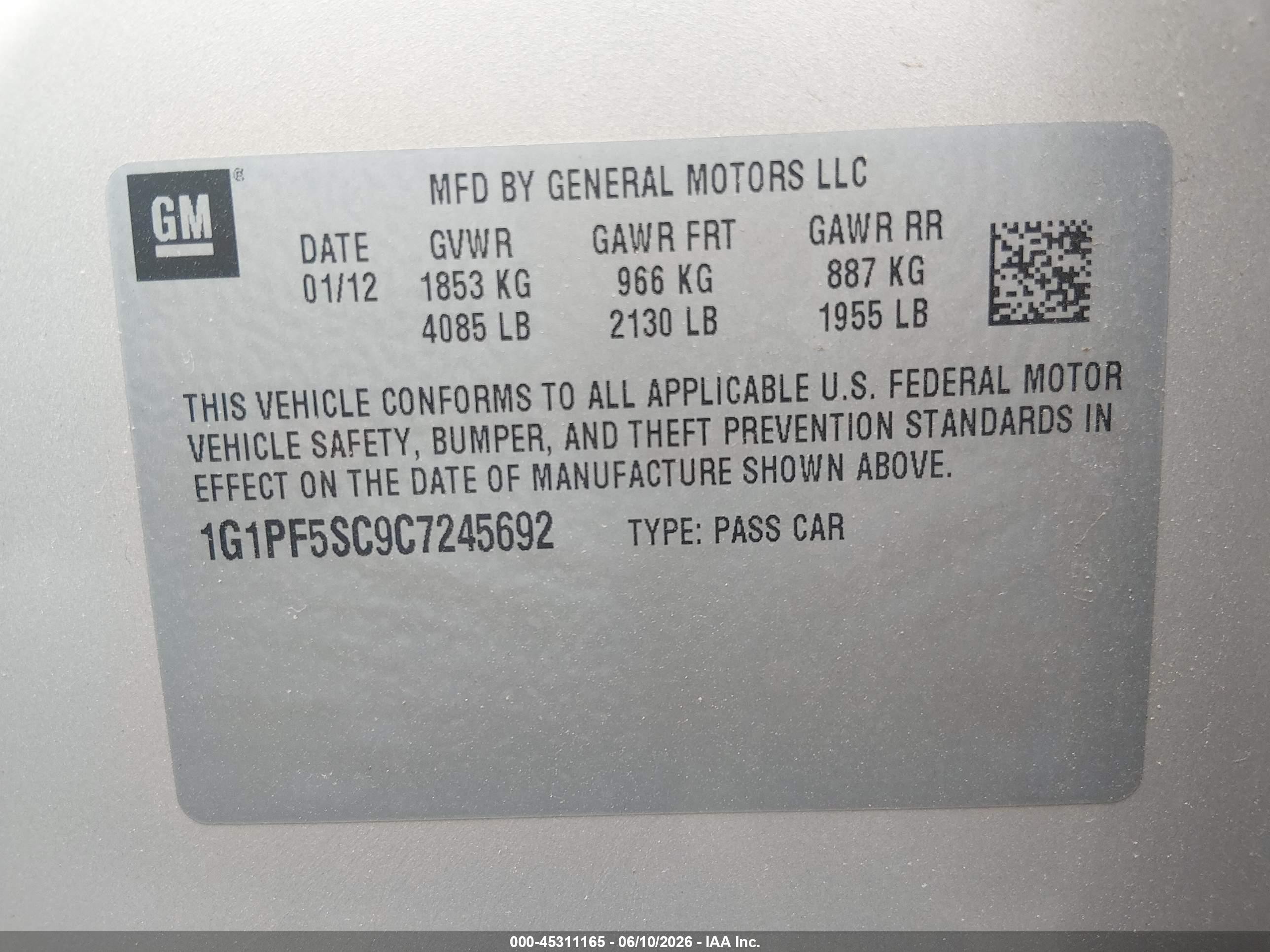 2012 Chevrolet Cruze 1lt Gold vin: 1G1PF5SC9C7245692