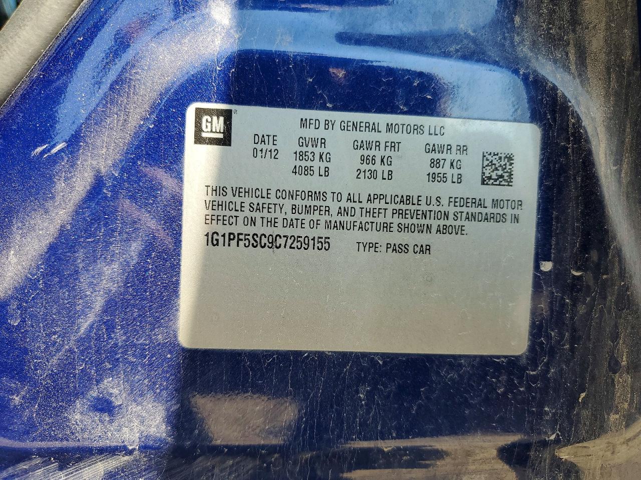 2012 Chevrolet Cruze Lt Blue vin: 1G1PF5SC9C7259155