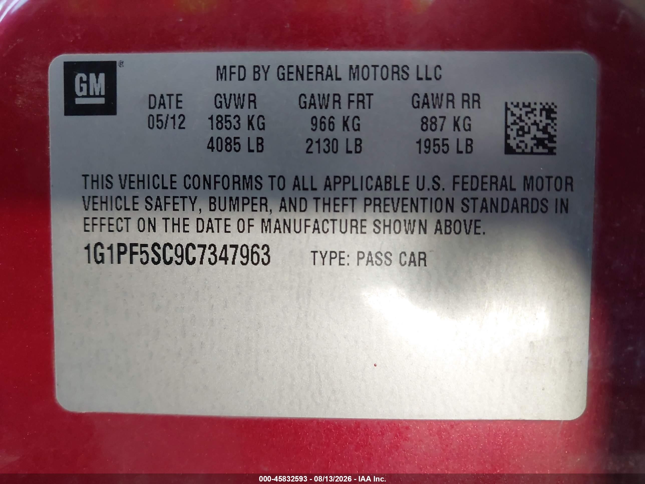 2012 Chevrolet Cruze 1lt Бордовый vin: 1G1PF5SC9C7347963