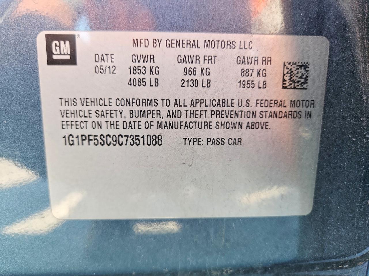 2012 Chevrolet Cruze Lt Blue vin: 1G1PF5SC9C7351088
