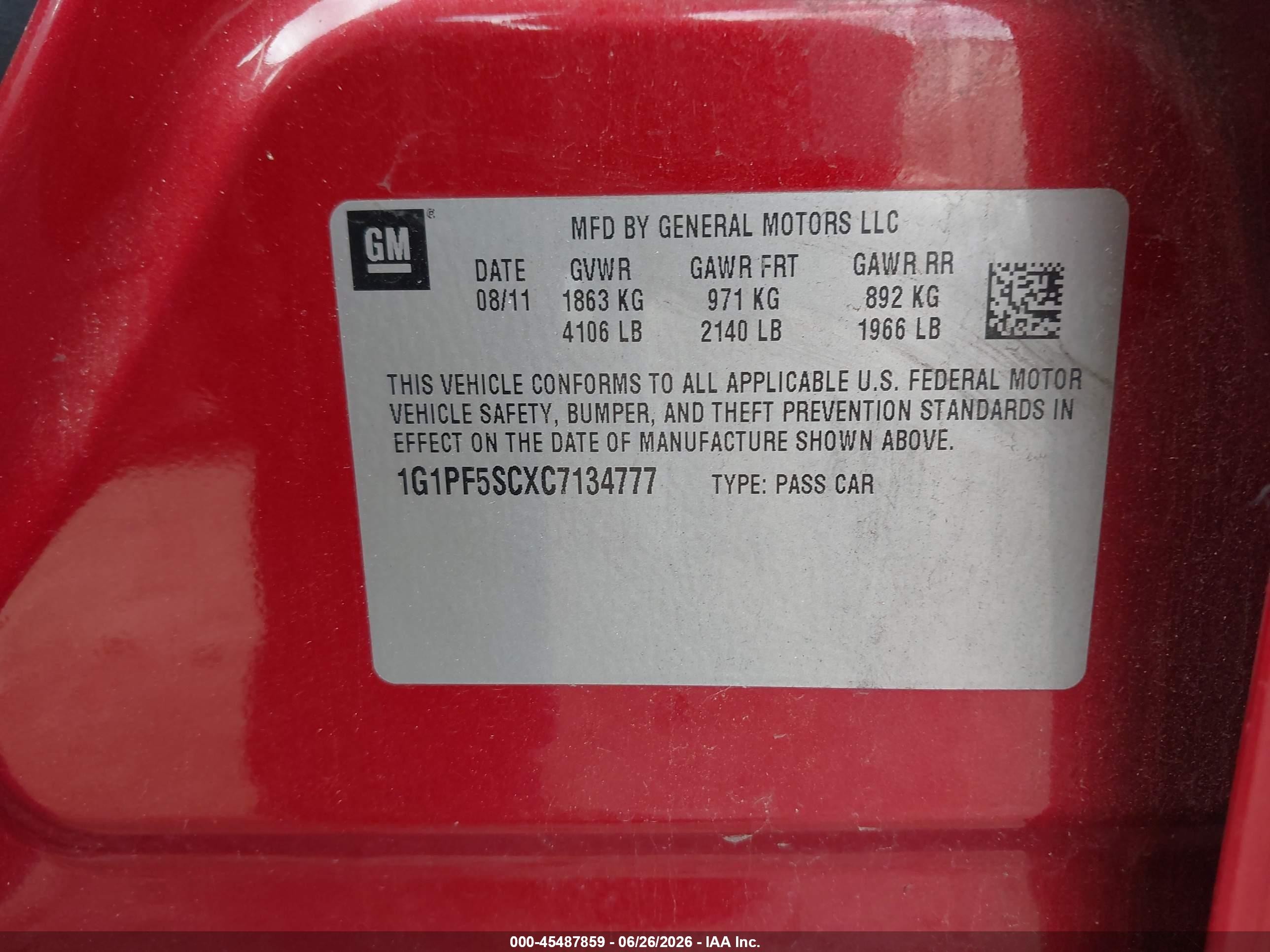 2012 Chevrolet Cruze 1lt Red vin: 1G1PF5SCXC7134777