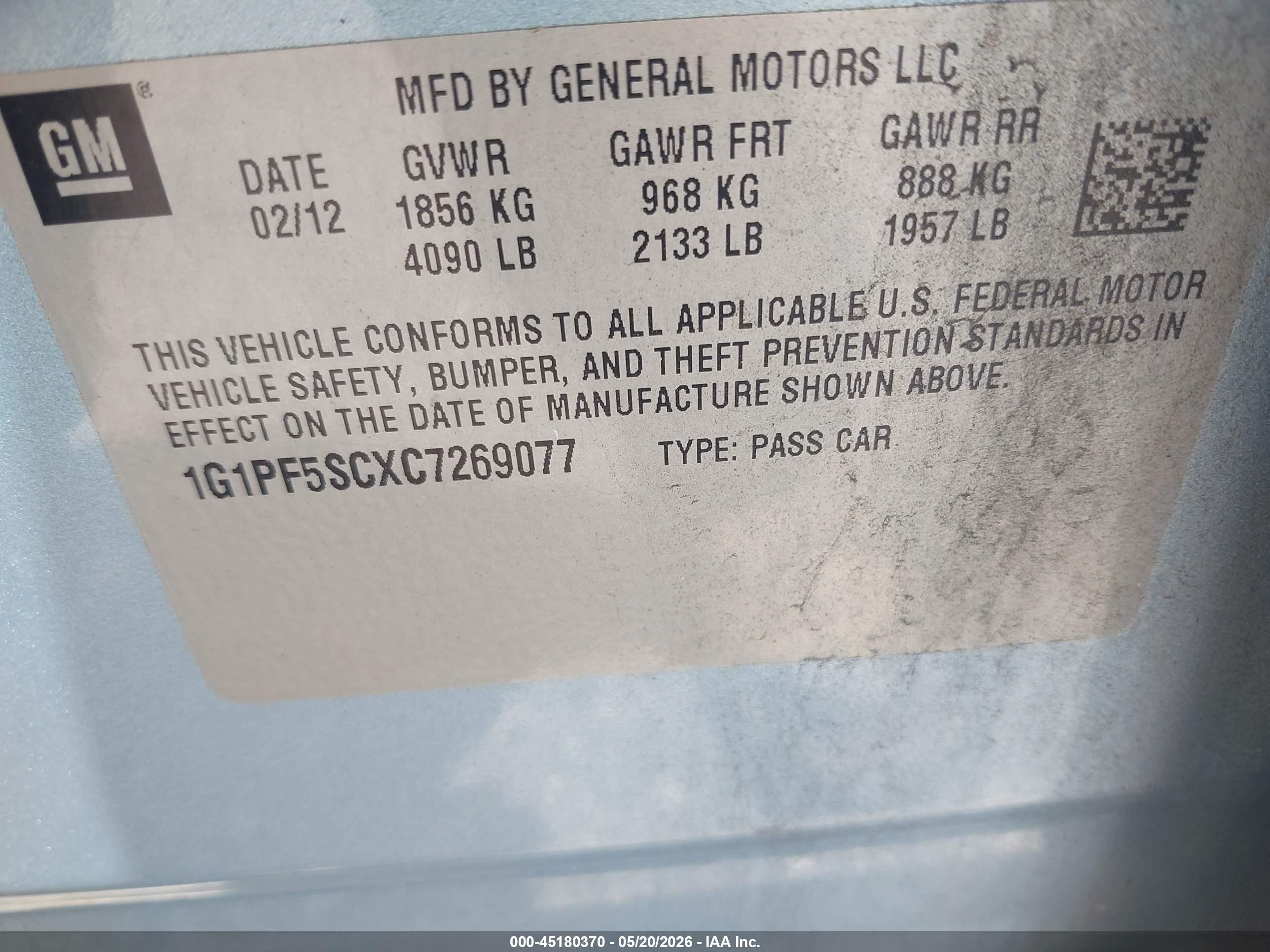 2012 Chevrolet Cruze 1lt Light Blue vin: 1G1PF5SCXC7269077