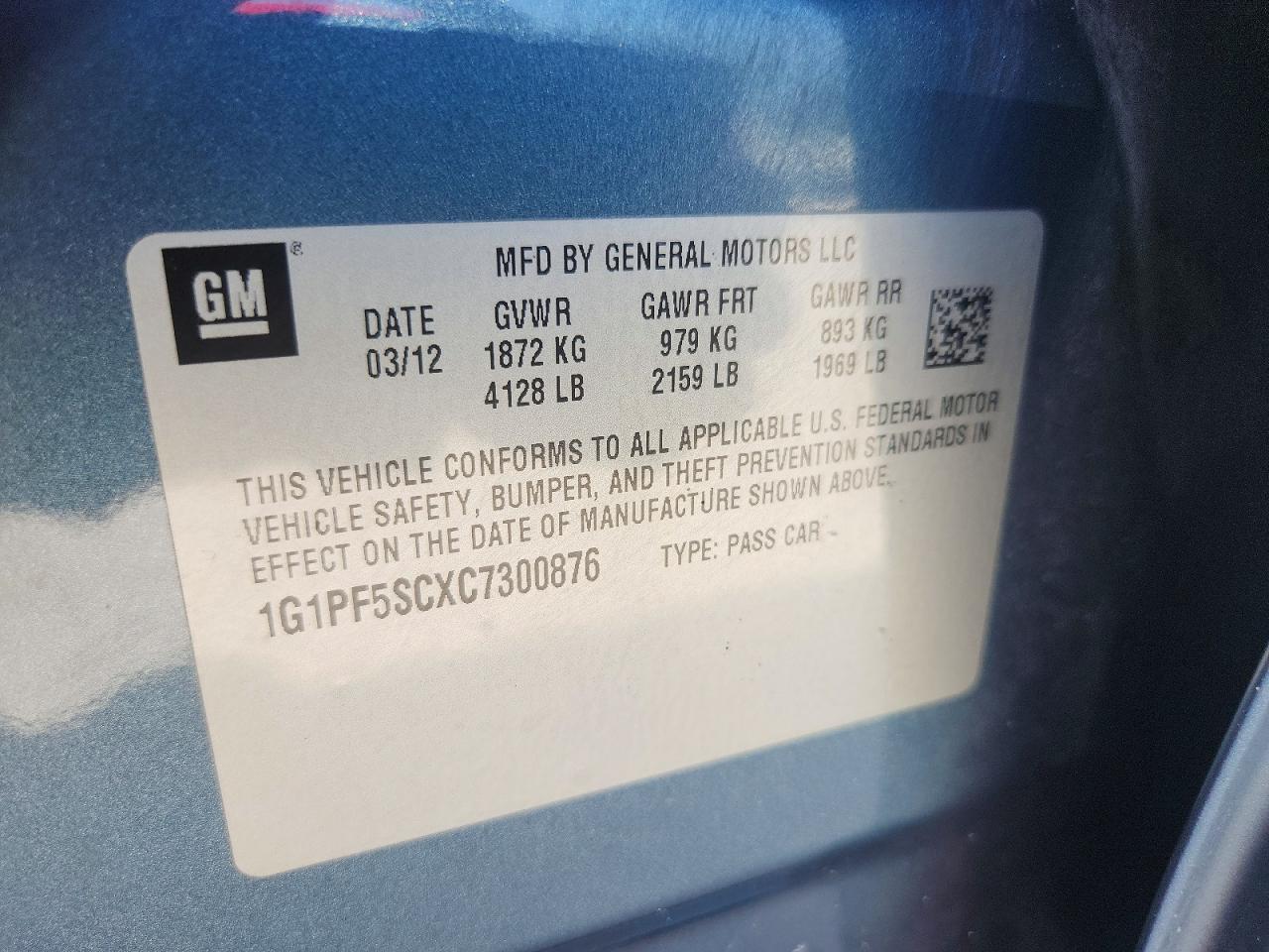 2012 Chevrolet Cruze Lt Blue vin: 1G1PF5SCXC7300876