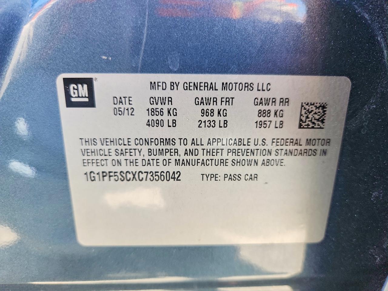2012 Chevrolet Cruze Lt Blue vin: 1G1PF5SCXC7356042