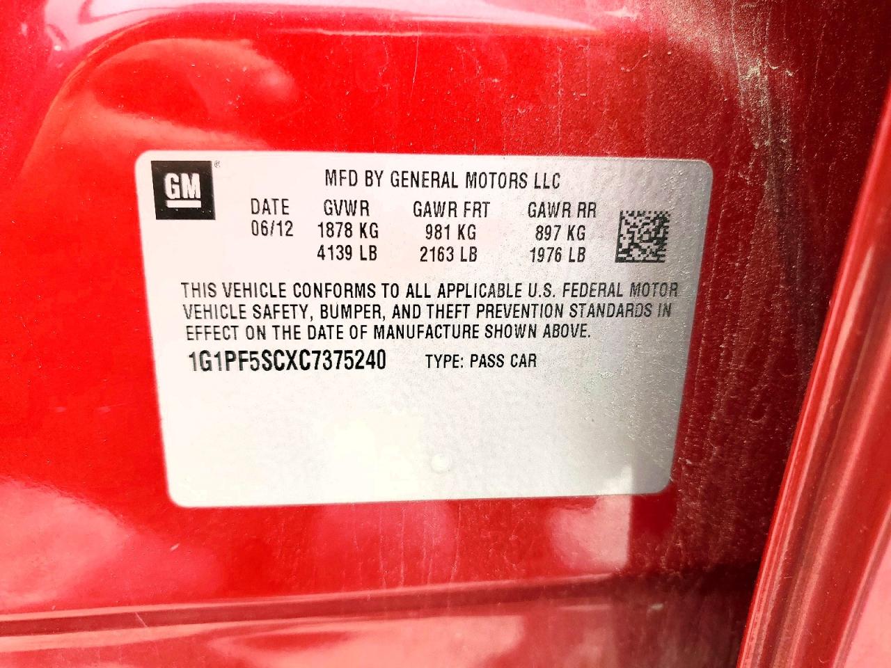 2012 Chevrolet Cruze Lt Red vin: 1G1PF5SCXC7375240