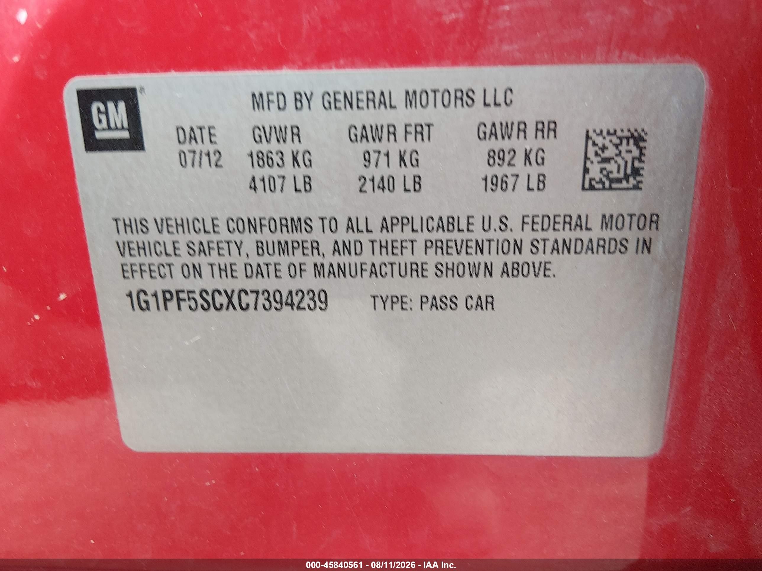 2012 Chevrolet Cruze 1lt Red vin: 1G1PF5SCXC7394239