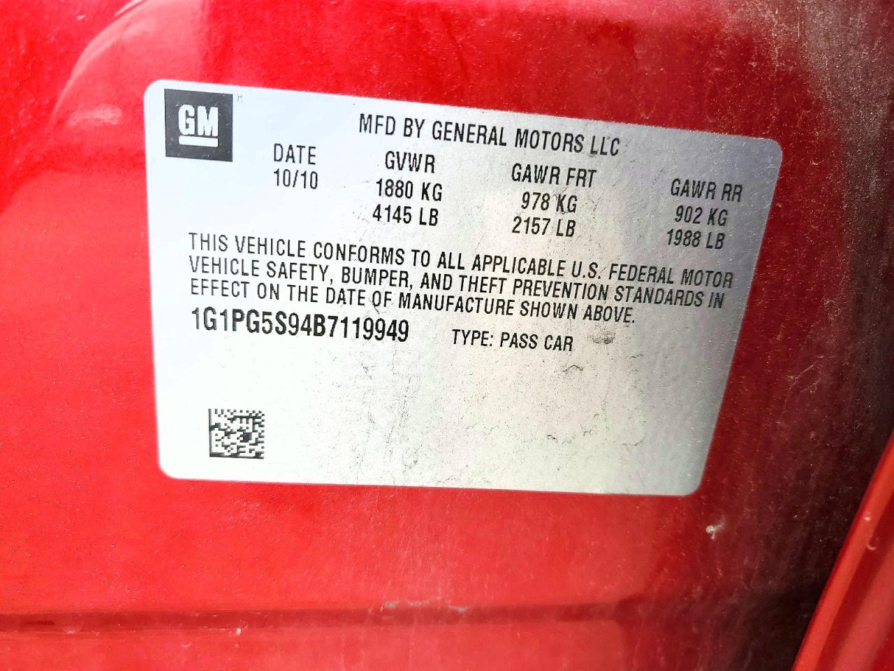 2011 Chevrolet Cruze Lt Red vin: 1G1PG5S94B7119949