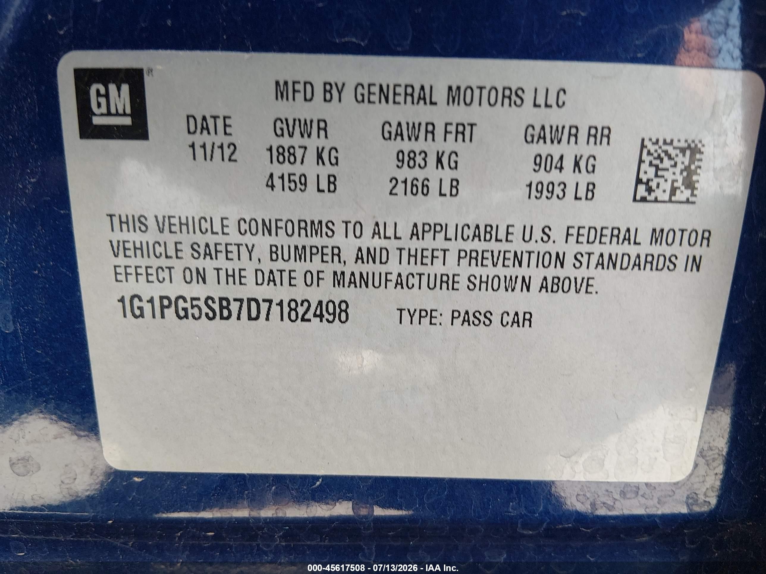 2013 Chevrolet Cruze Ltz Blue vin: 1G1PG5SB7D7182498