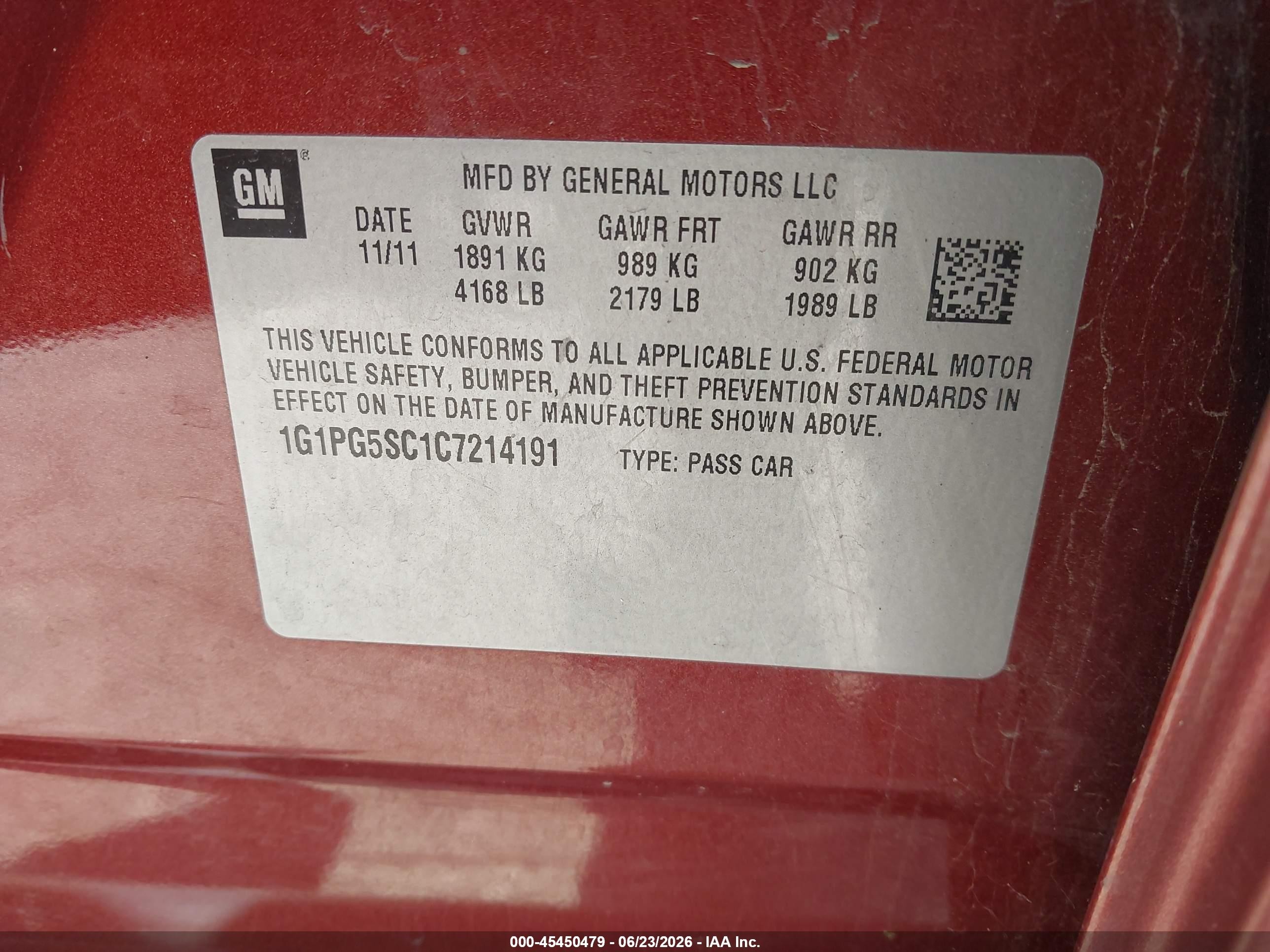 2012 Chevrolet Cruze 2lt Burgundy vin: 1G1PG5SC1C7214191