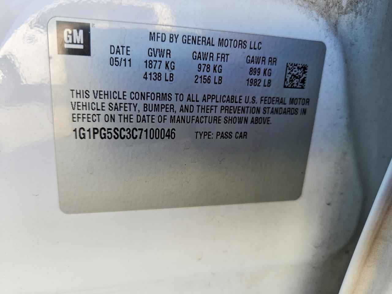 2012 Chevrolet Cruze Lt White vin: 1G1PG5SC3C7100046