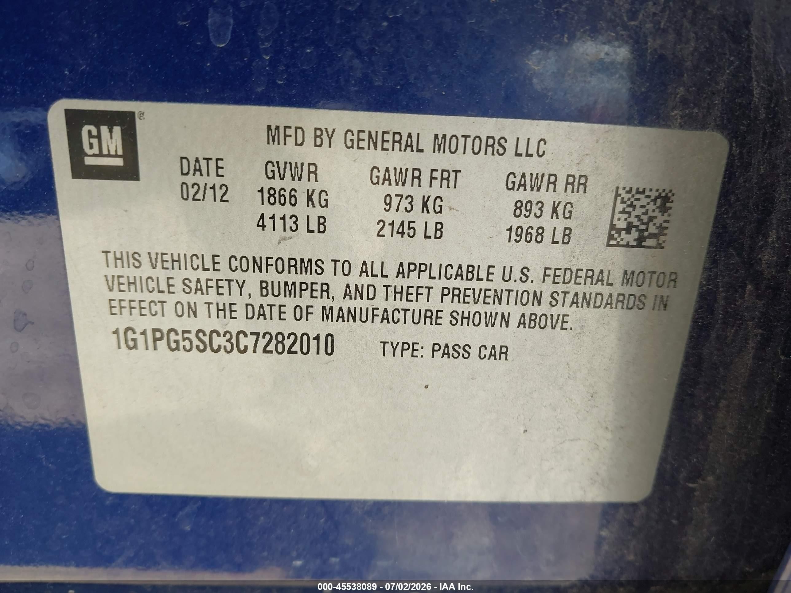 2012 Chevrolet Cruze 2lt Blue vin: 1G1PG5SC3C7282010