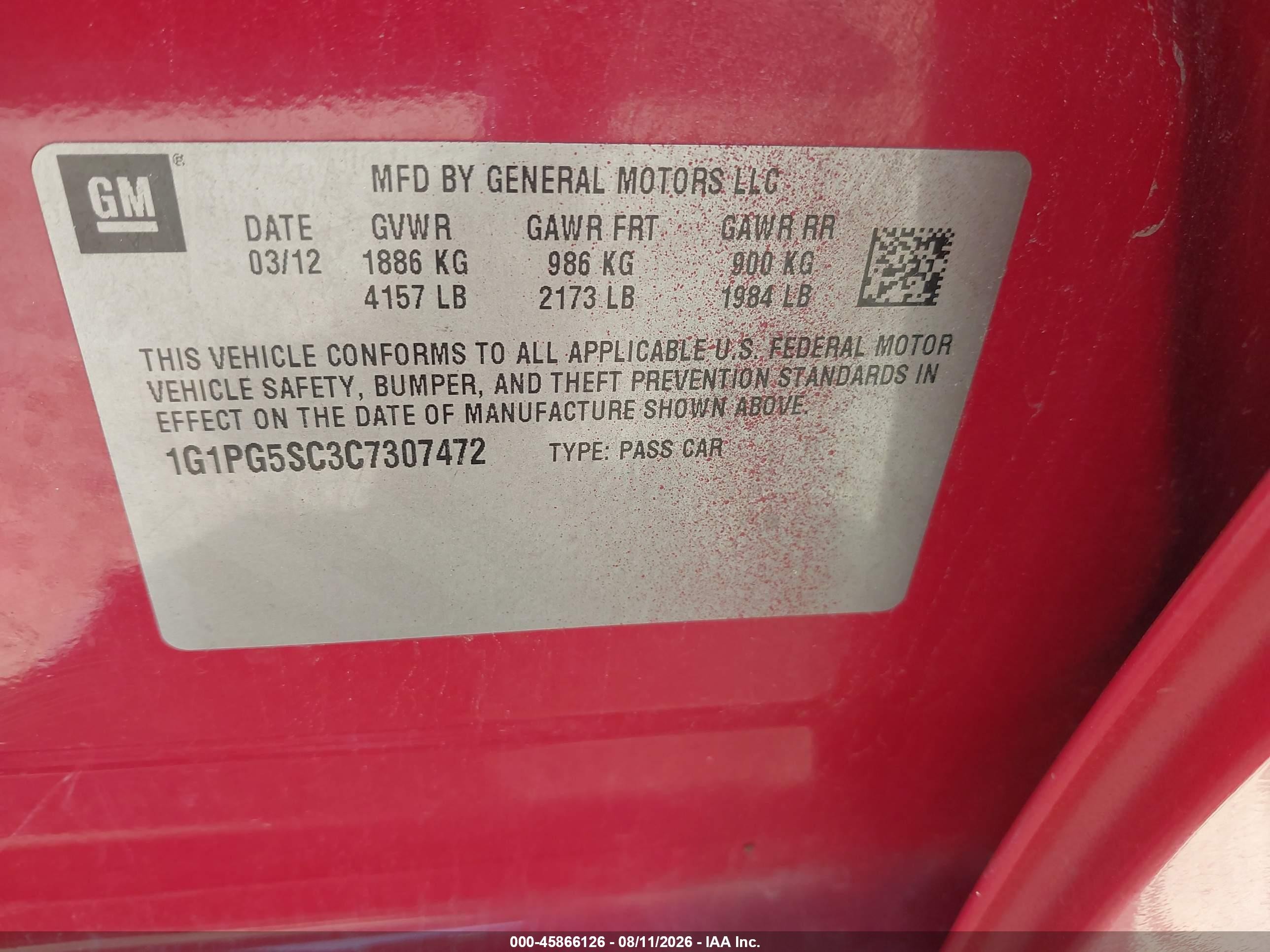 2012 Chevrolet Cruze 2lt Red vin: 1G1PG5SC3C7307472