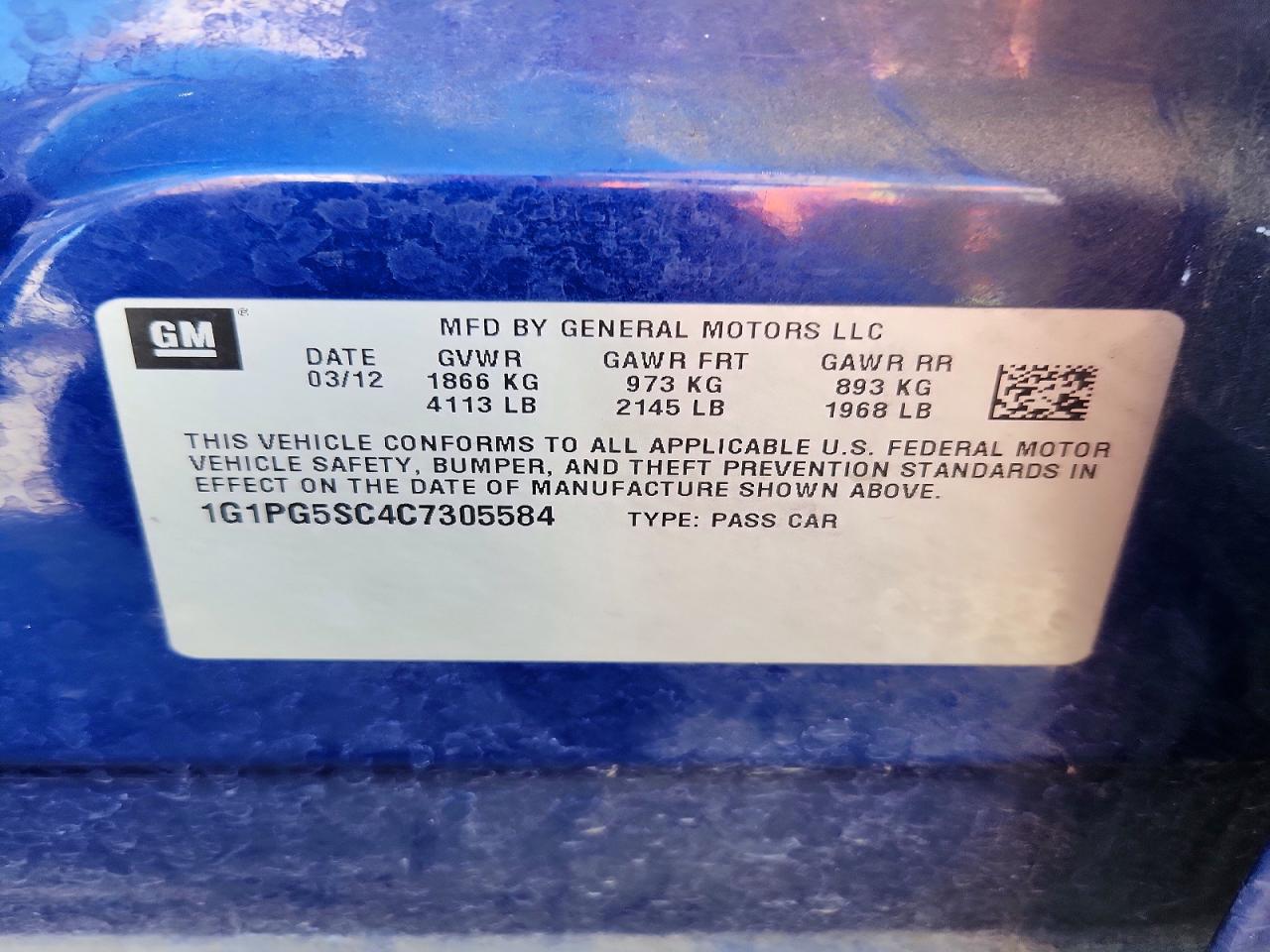 2012 Chevrolet Cruze Lt Blue vin: 1G1PG5SC4C7305584