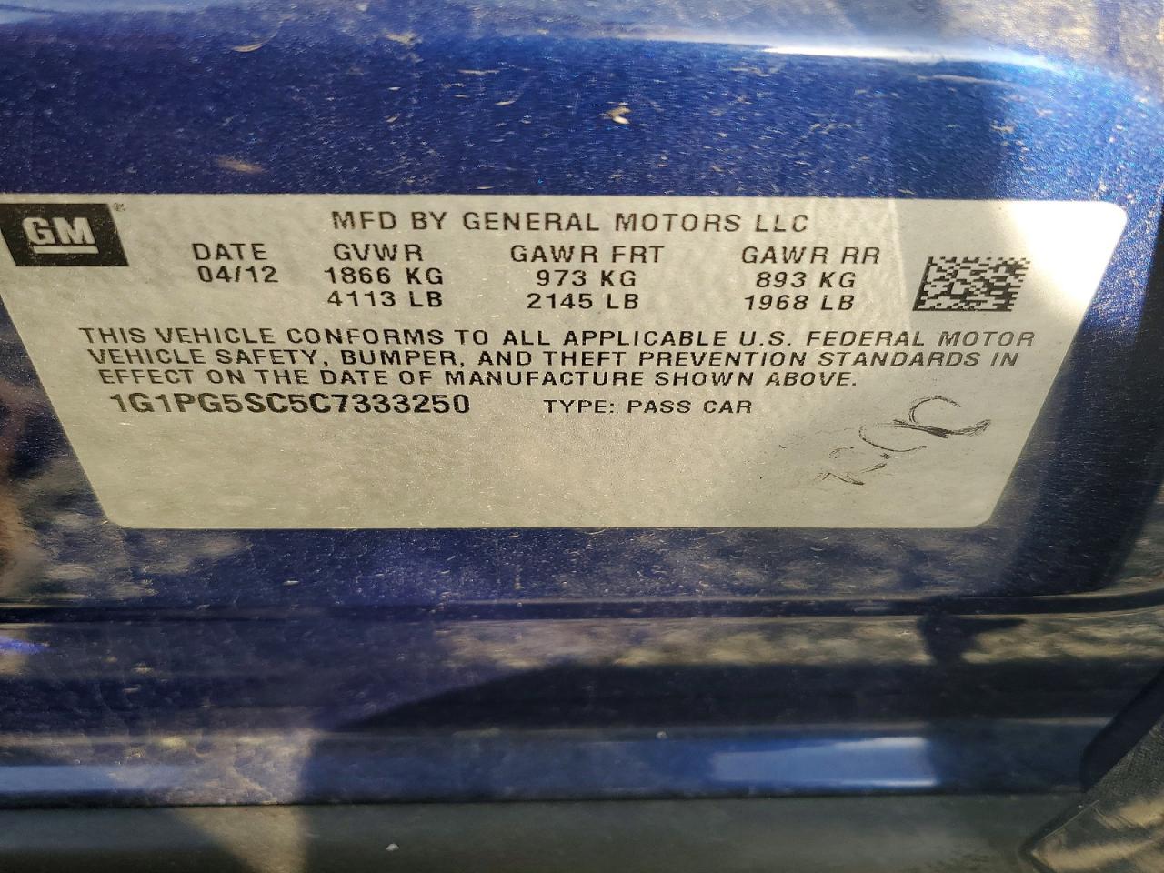 2012 Chevrolet Cruze Blue vin: 1G1PG5SC5C7333250