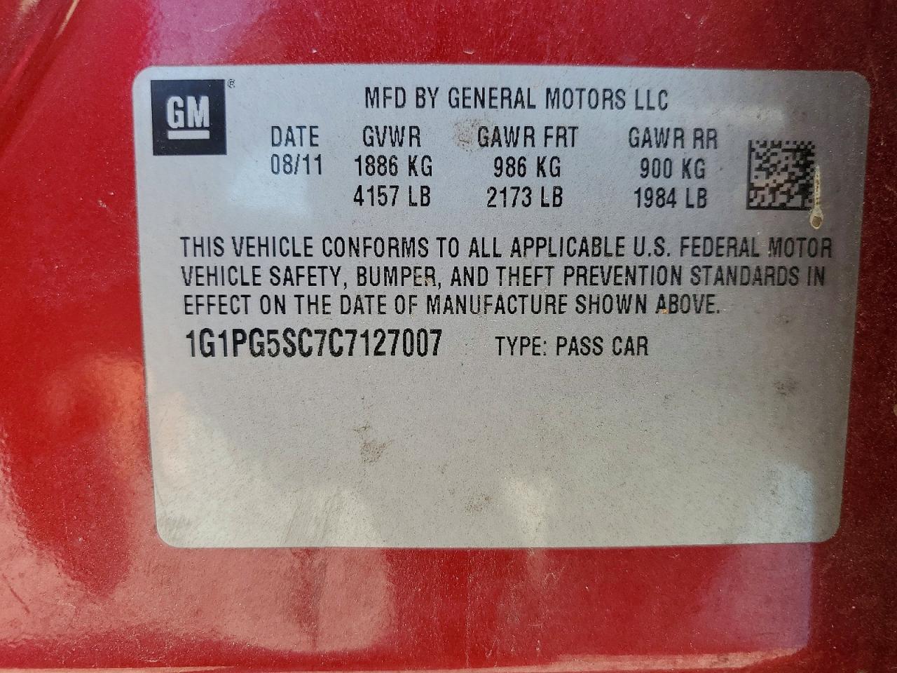 2012 Chevrolet Cruze Lt Burgundy vin: 1G1PG5SC7C7127007