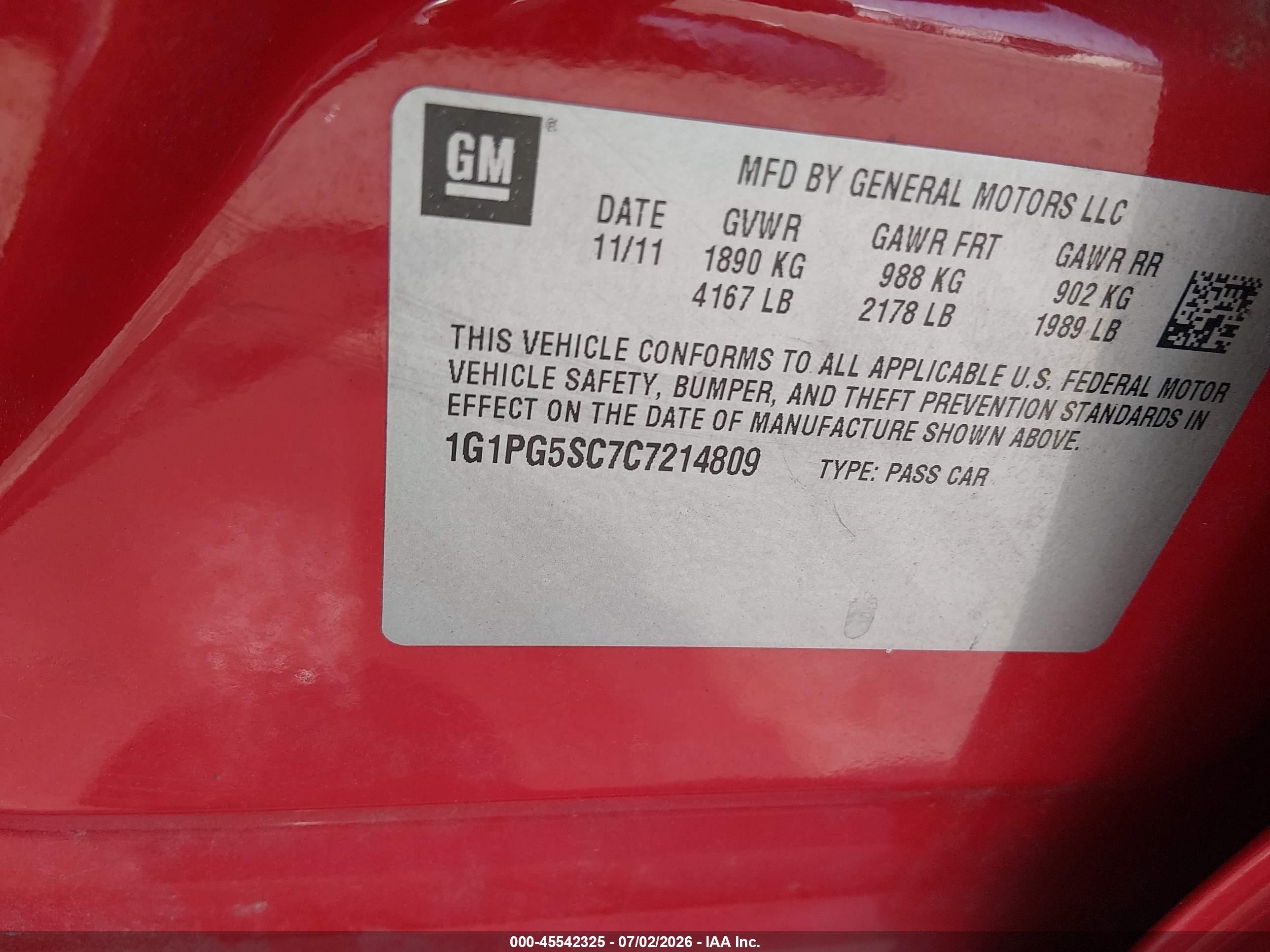 2012 Chevrolet Cruze 2lt Red vin: 1G1PG5SC7C7214809