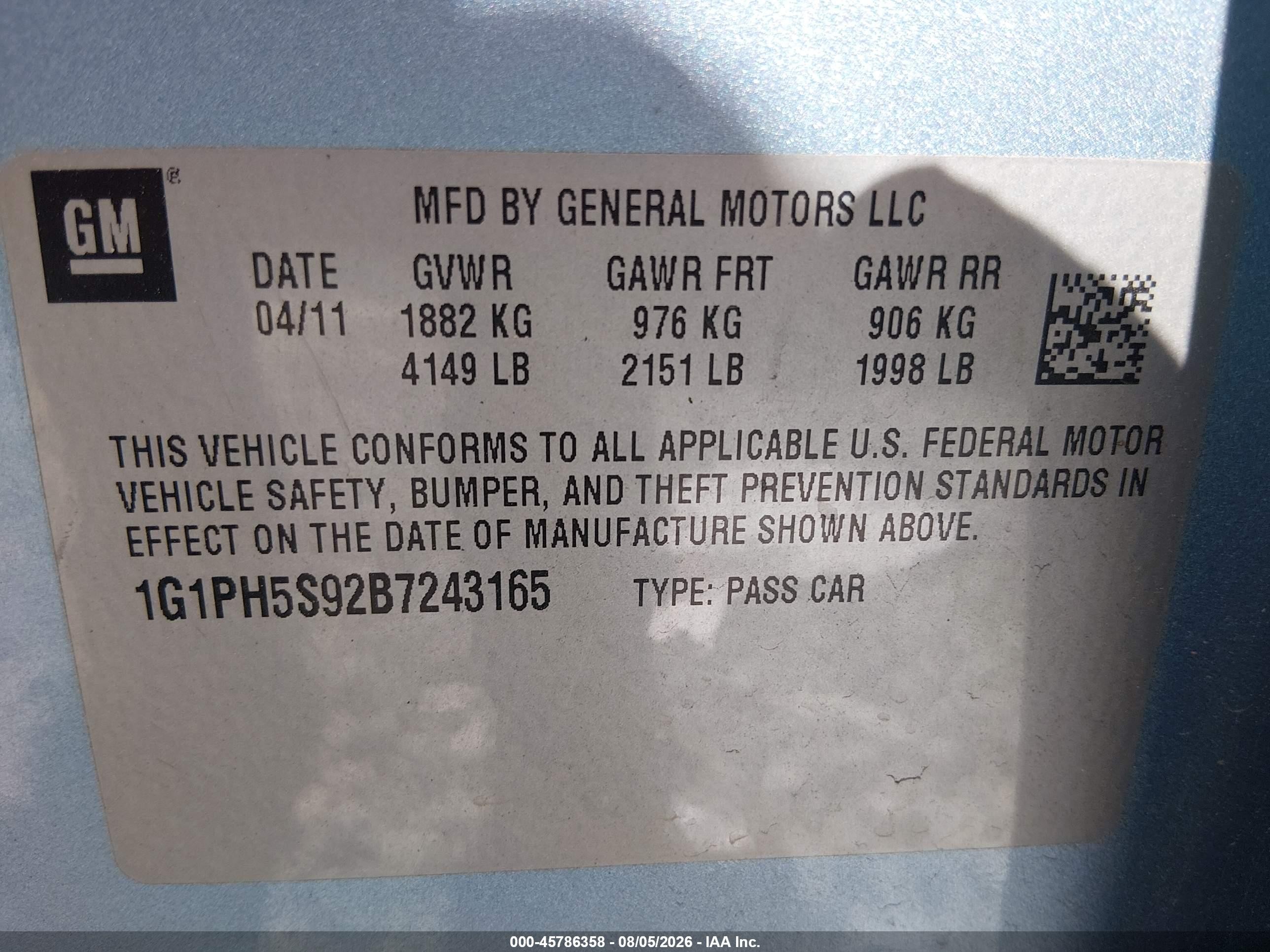 2011 Chevrolet Cruze Ltz Light Blue vin: 1G1PH5S92B7243165