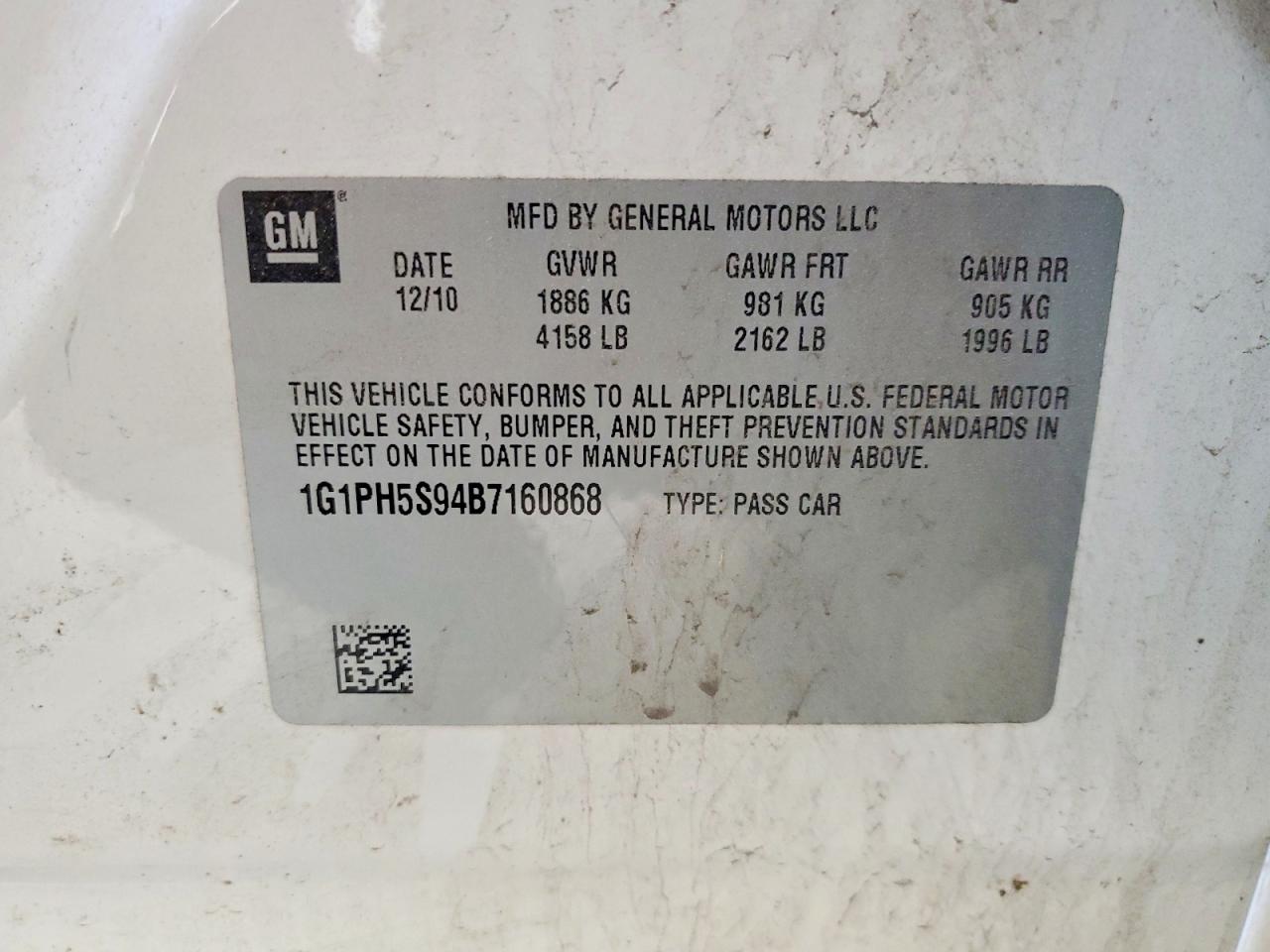 2011 Chev Cruze White vin: 1G1PH5S94B7160868