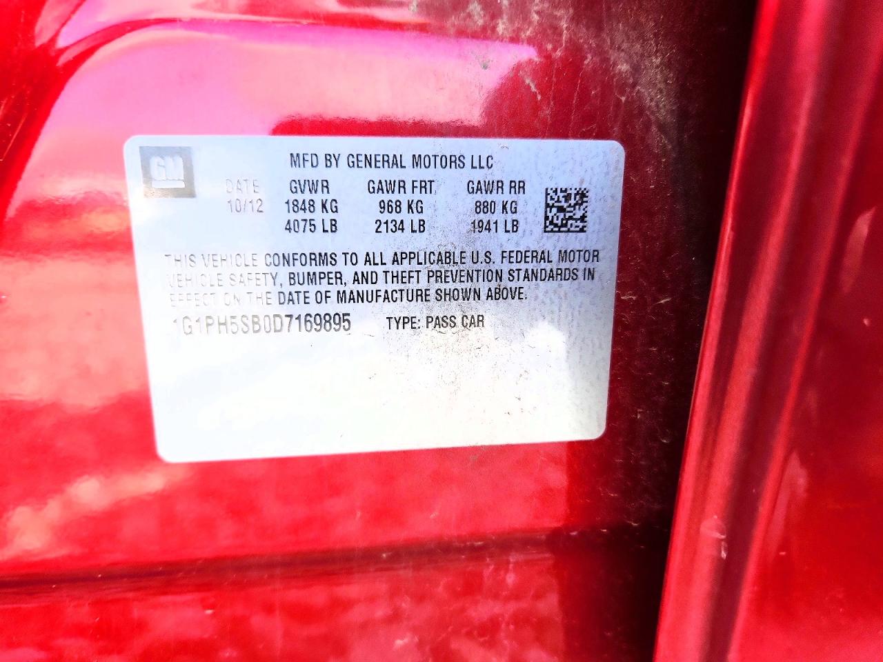 2013 Chevrolet Cruze Eco Red vin: 1G1PH5SB0D7169895