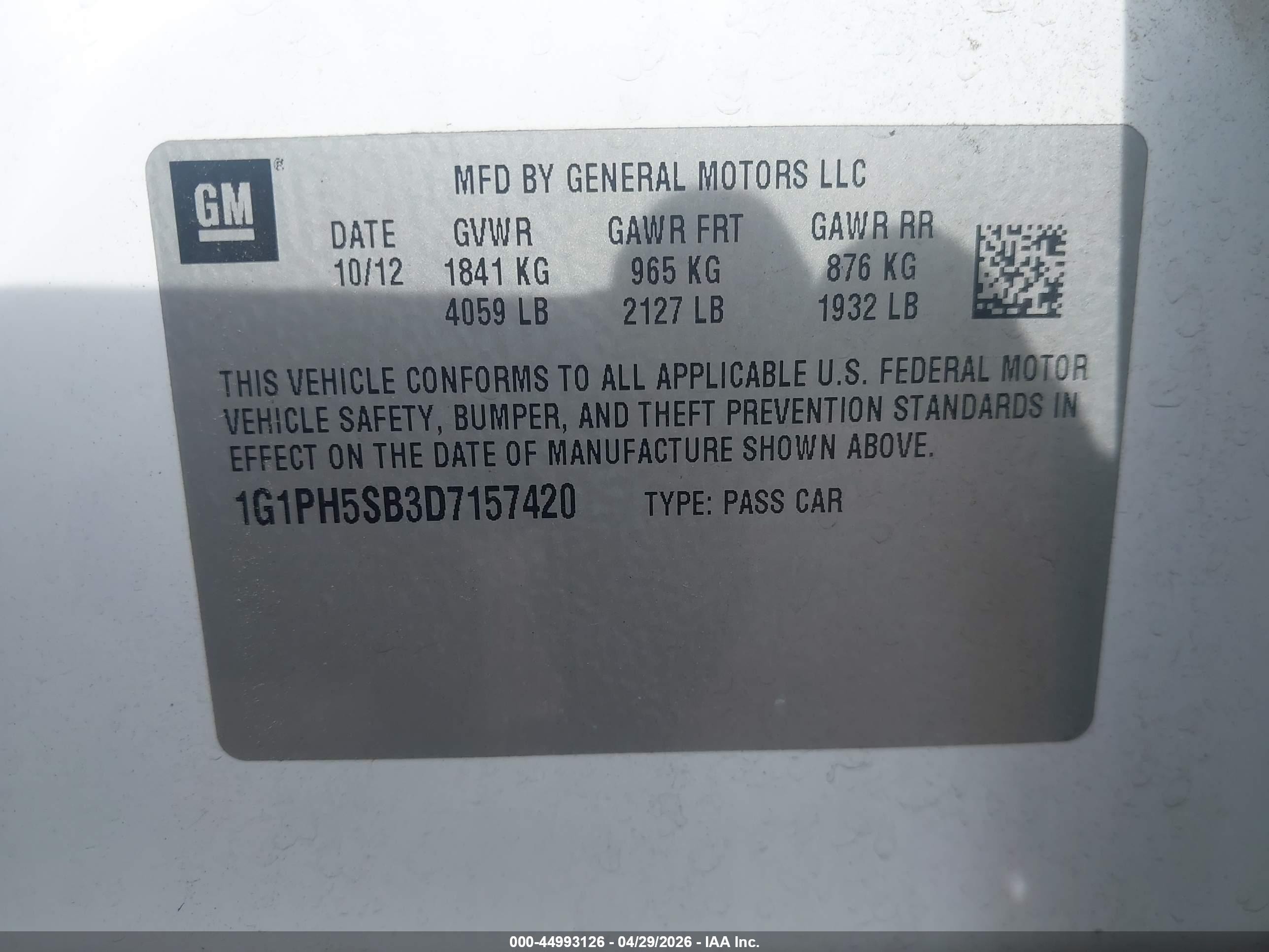 2013 Chevrolet Cruze Eco Auto White vin: 1G1PH5SB3D7157420
