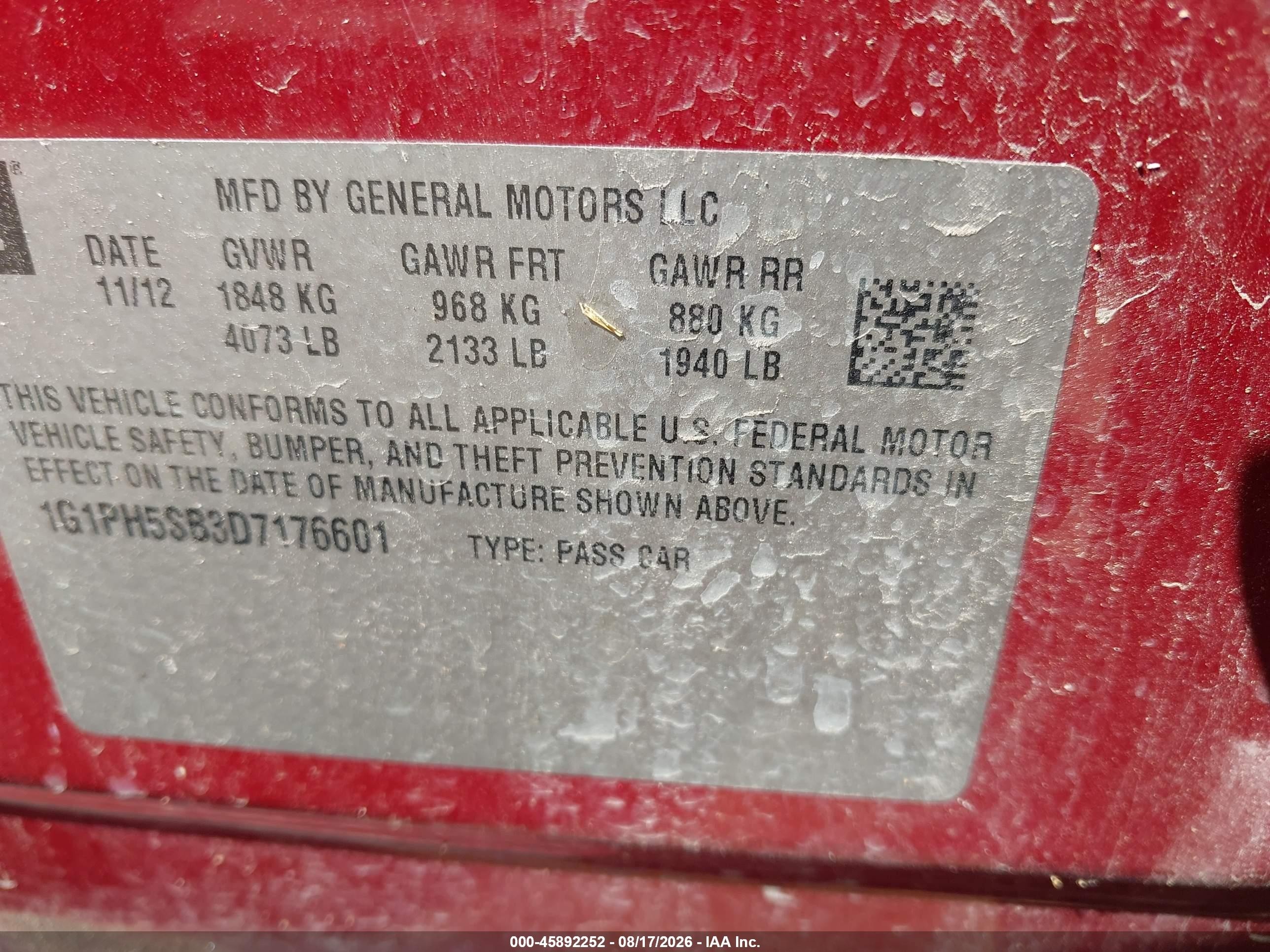 2013 Chevrolet Cruze Eco Auto Red vin: 1G1PH5SB3D7176601