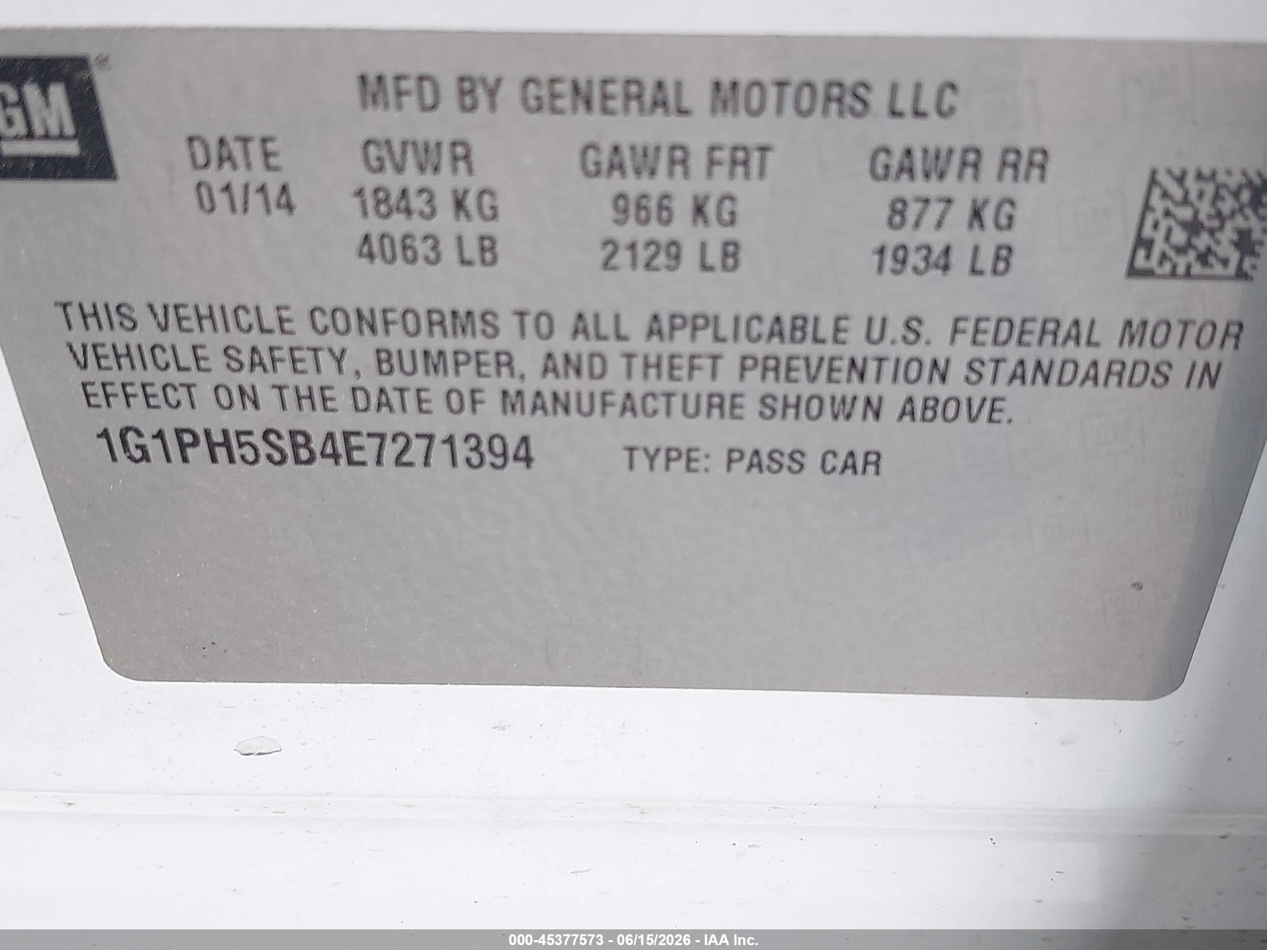 2014 Chevrolet Cruze Eco Auto White vin: 1G1PH5SB4E7271394