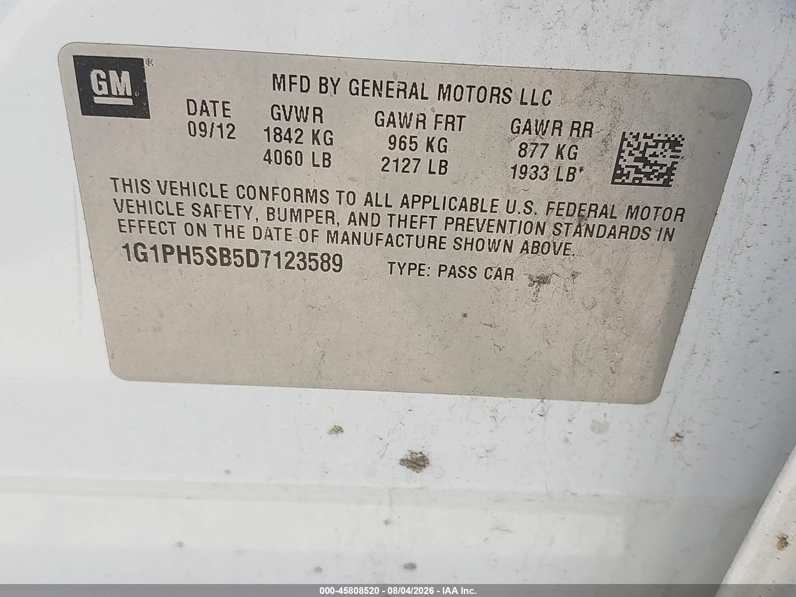 2013 Chevrolet Cruze Eco Auto White vin: 1G1PH5SB5D7123589