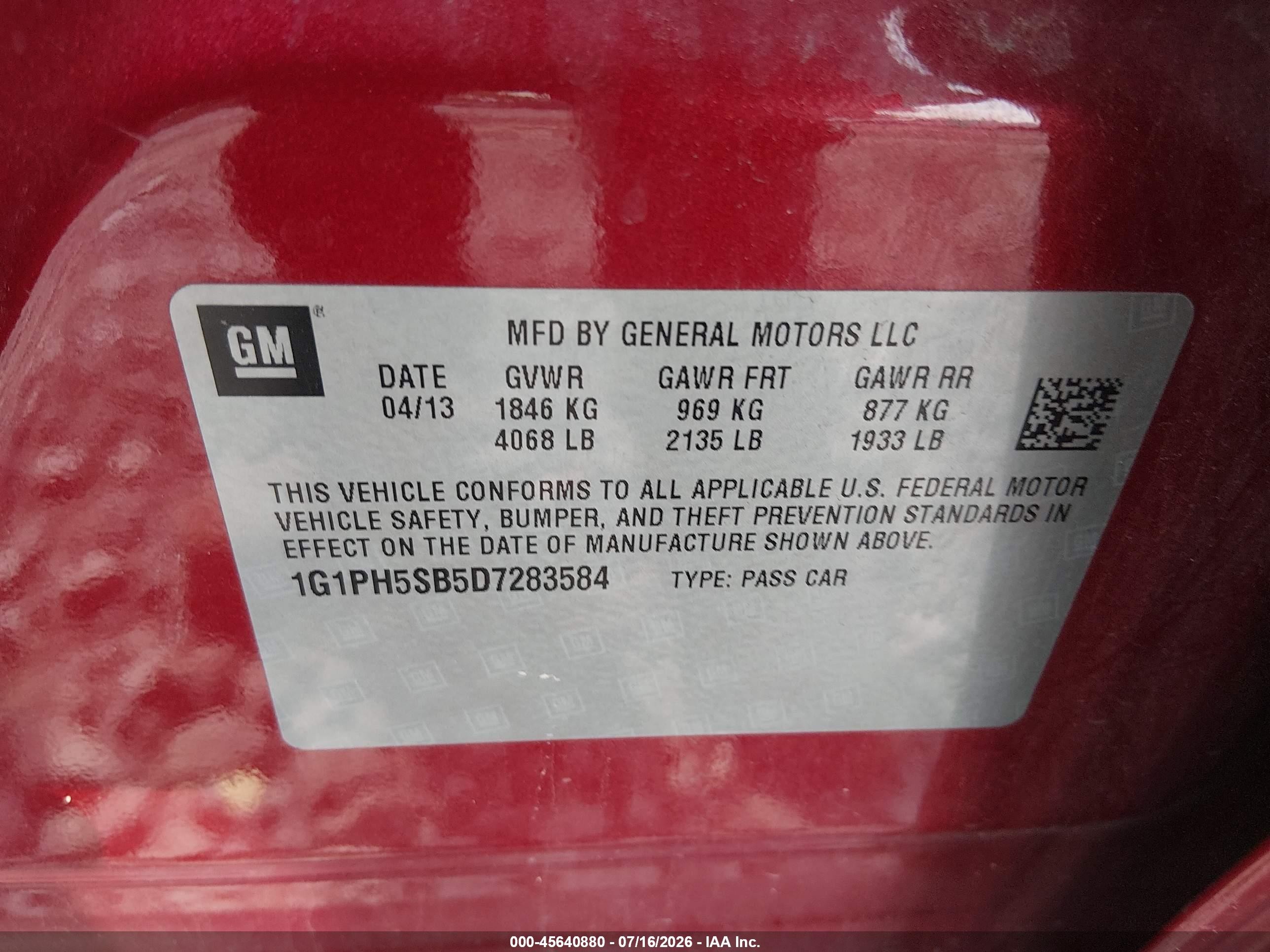 2013 Chevrolet Cruze Eco Auto Red vin: 1G1PH5SB5D7283584
