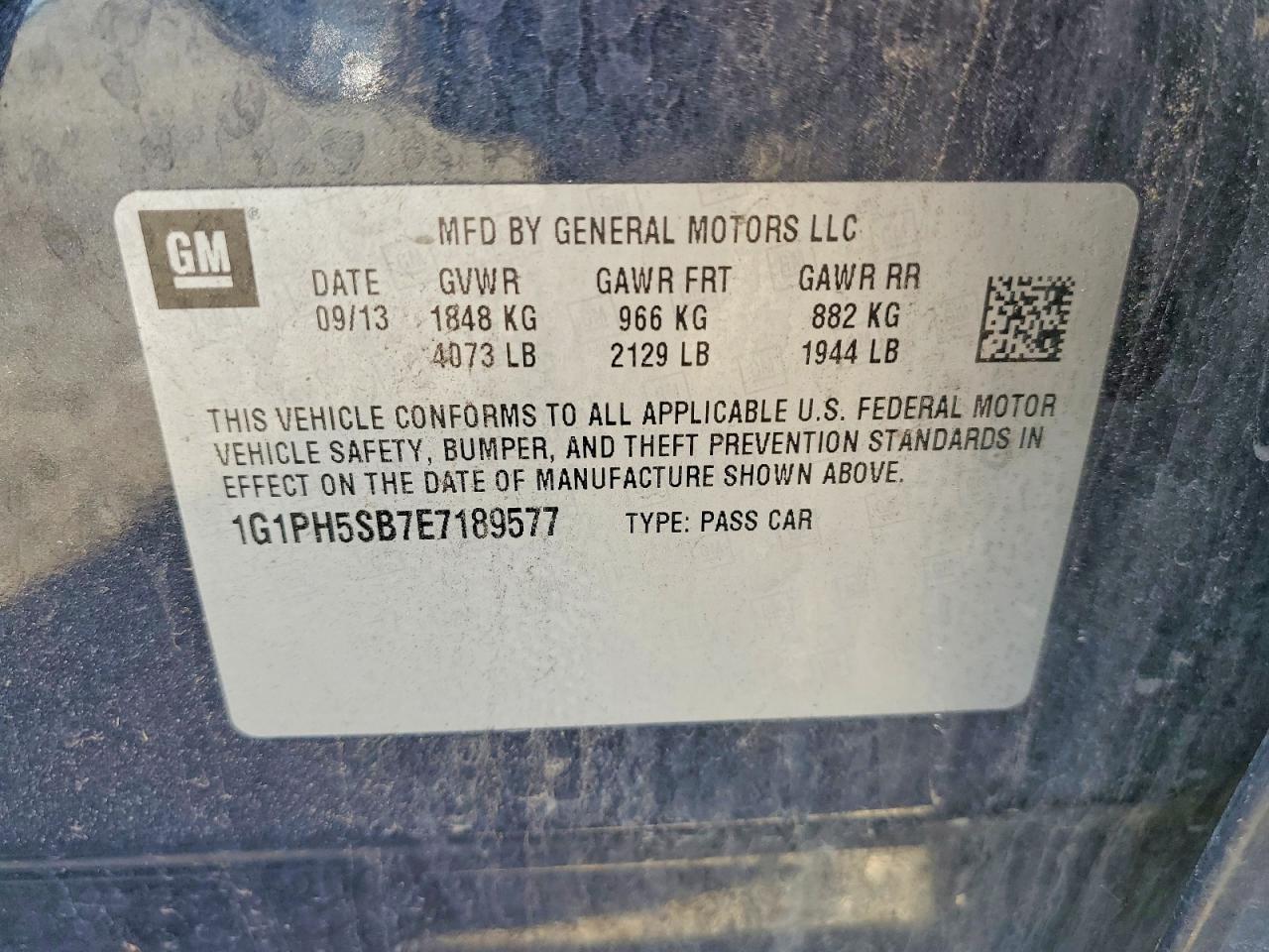 2014 Chevrolet Cruze Eco Blue vin: 1G1PH5SB7E7189577