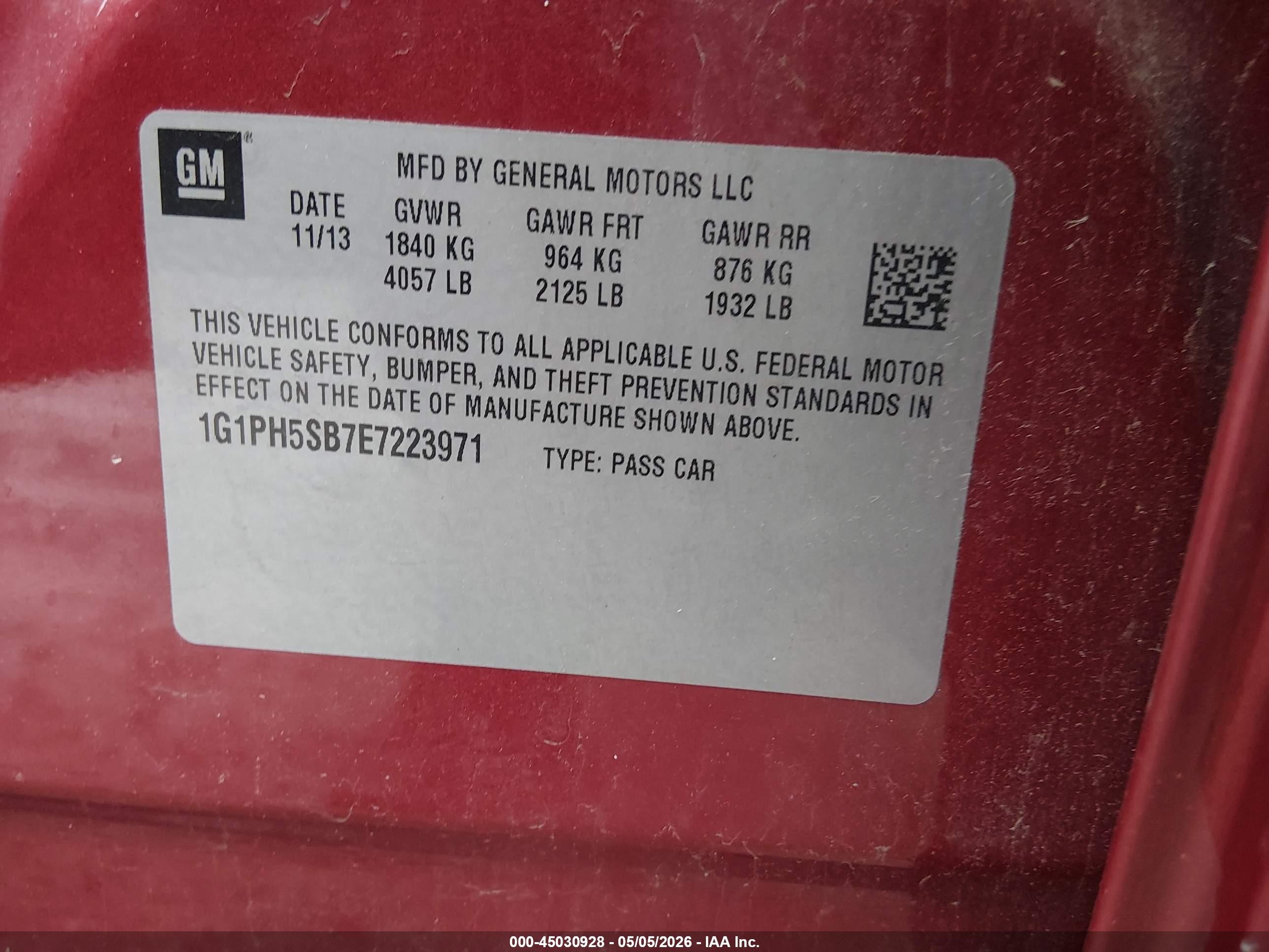 2014 Chevrolet Cruze Eco Auto Бордовый vin: 1G1PH5SB7E7223971
