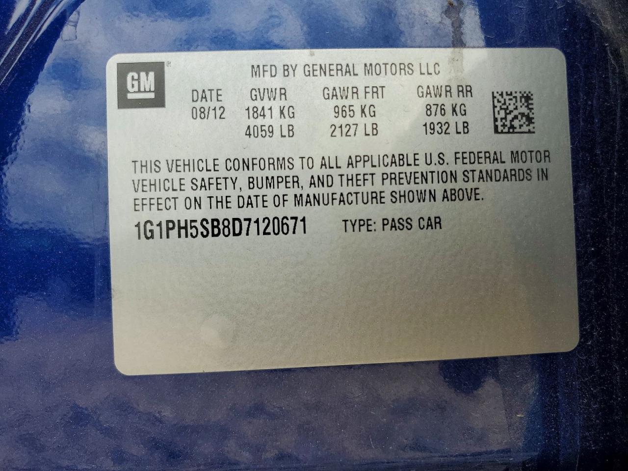 2013 Chevrolet Cruze Eco Blue vin: 1G1PH5SB8D7120671