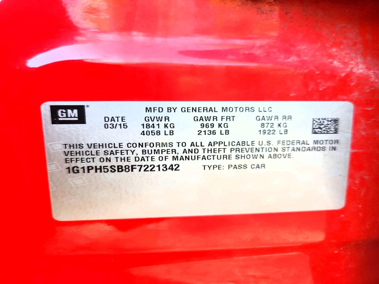 2015 Chevrolet Cruze Eco Red vin: 1G1PH5SB8F7221342