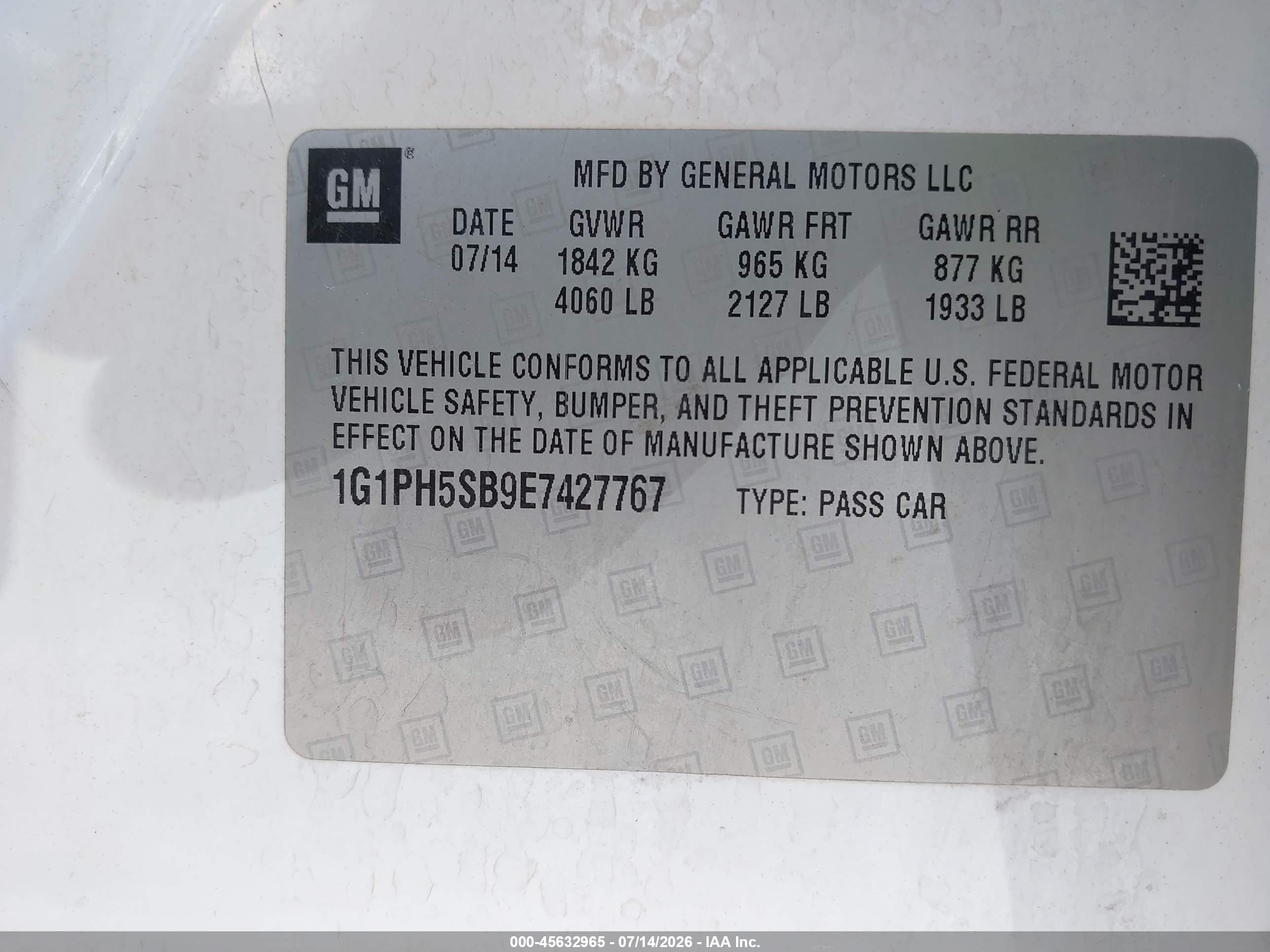 2014 Chevrolet Cruze Eco Auto White vin: 1G1PH5SB9E7427767