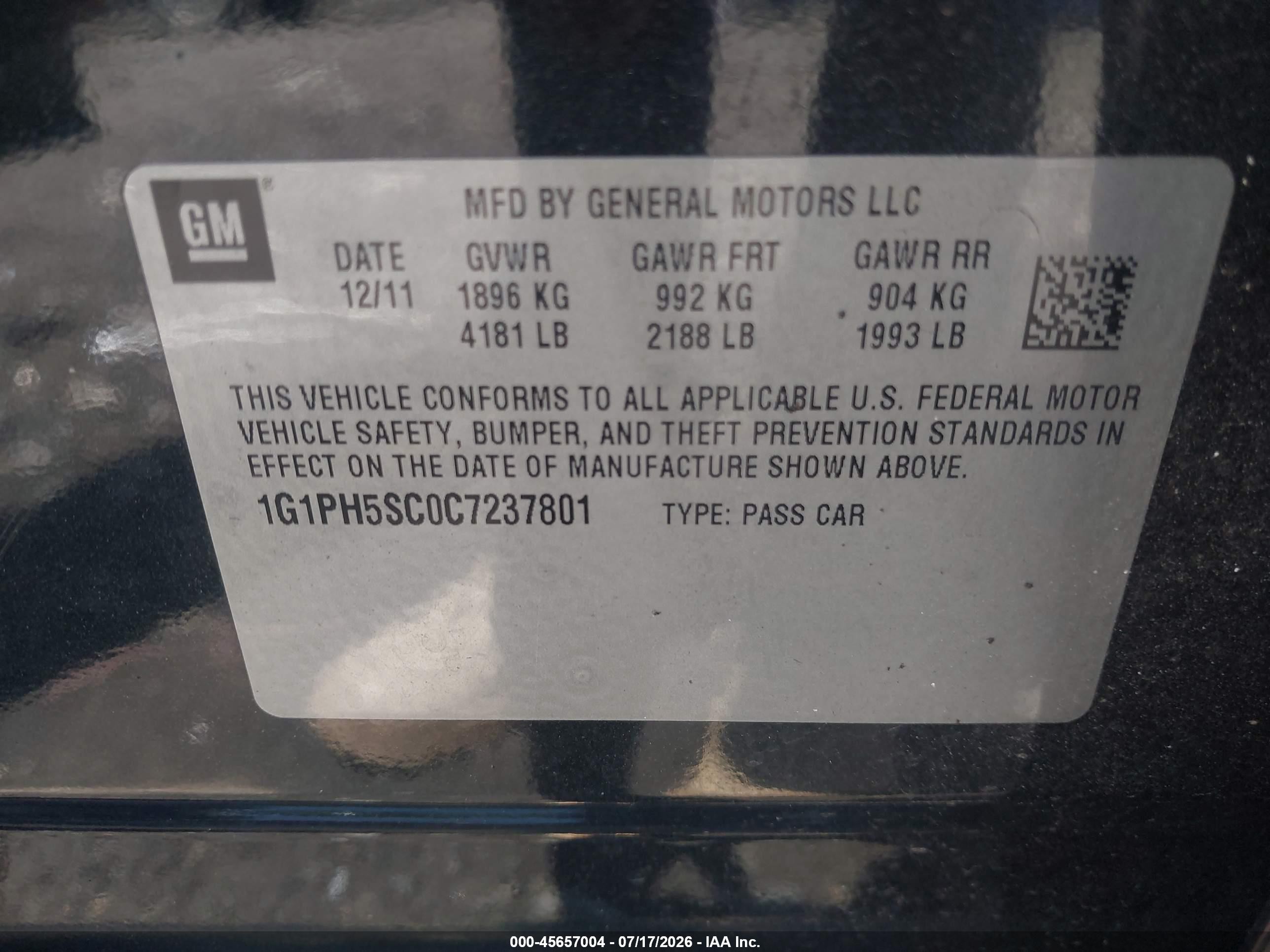 2012 Chevrolet Cruze Ltz Black vin: 1G1PH5SC0C7237801