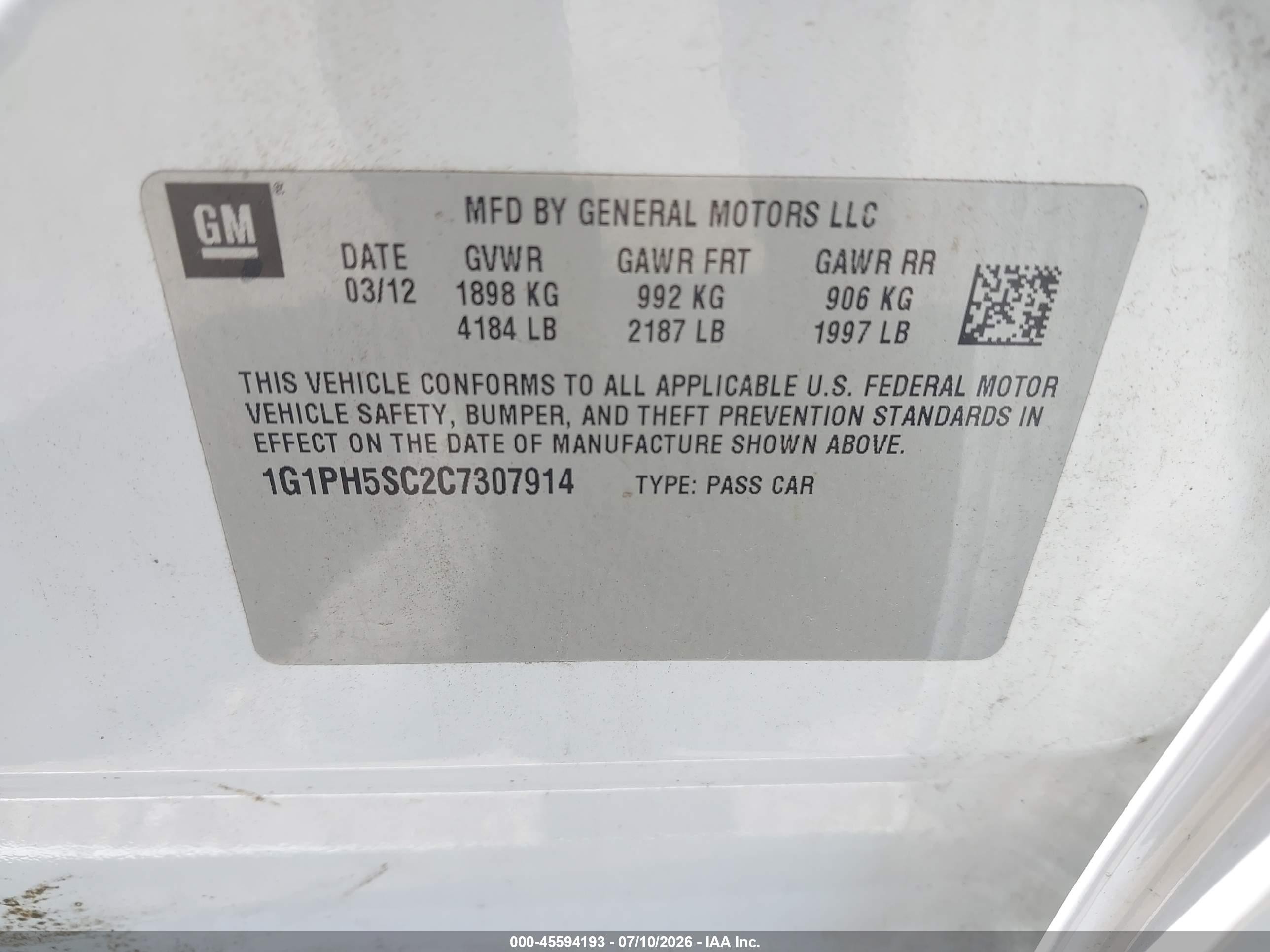 2012 Chevrolet Cruze Ltz White vin: 1G1PH5SC2C7307914