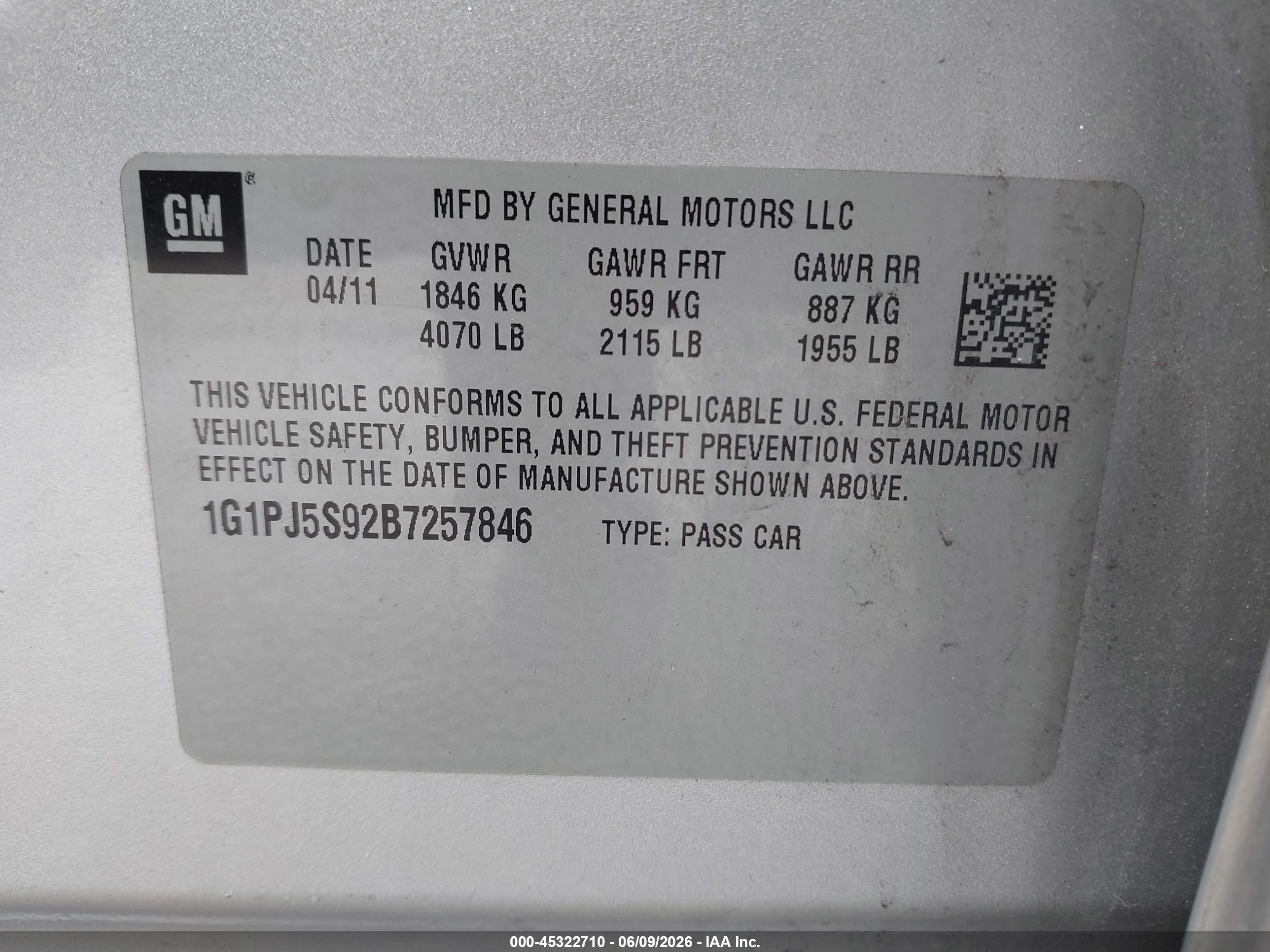 2011 Chevrolet Cruze Eco Silver vin: 1G1PJ5S92B7257846