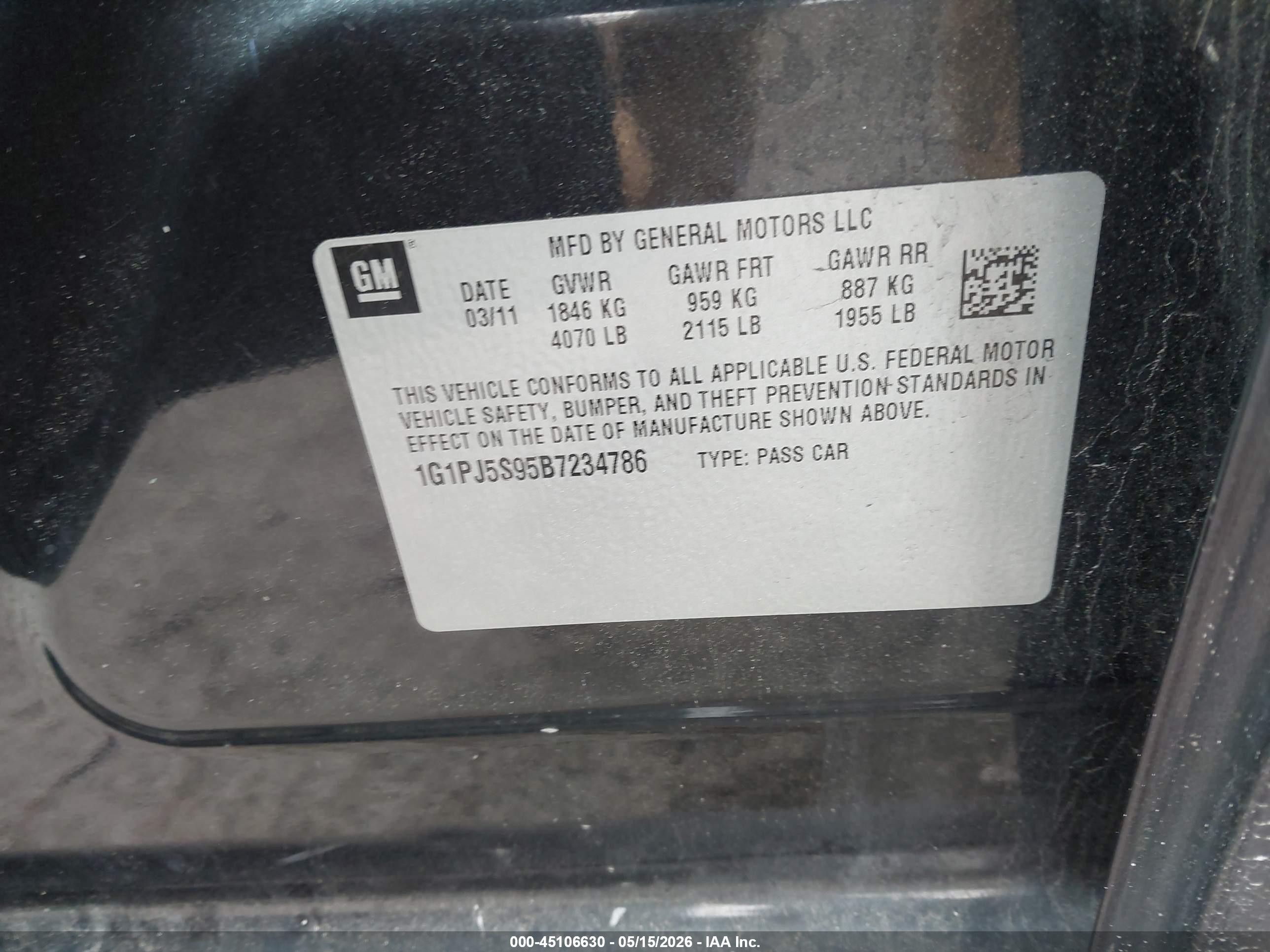 2011 Chevrolet Cruze Eco Black vin: 1G1PJ5S95B7234786