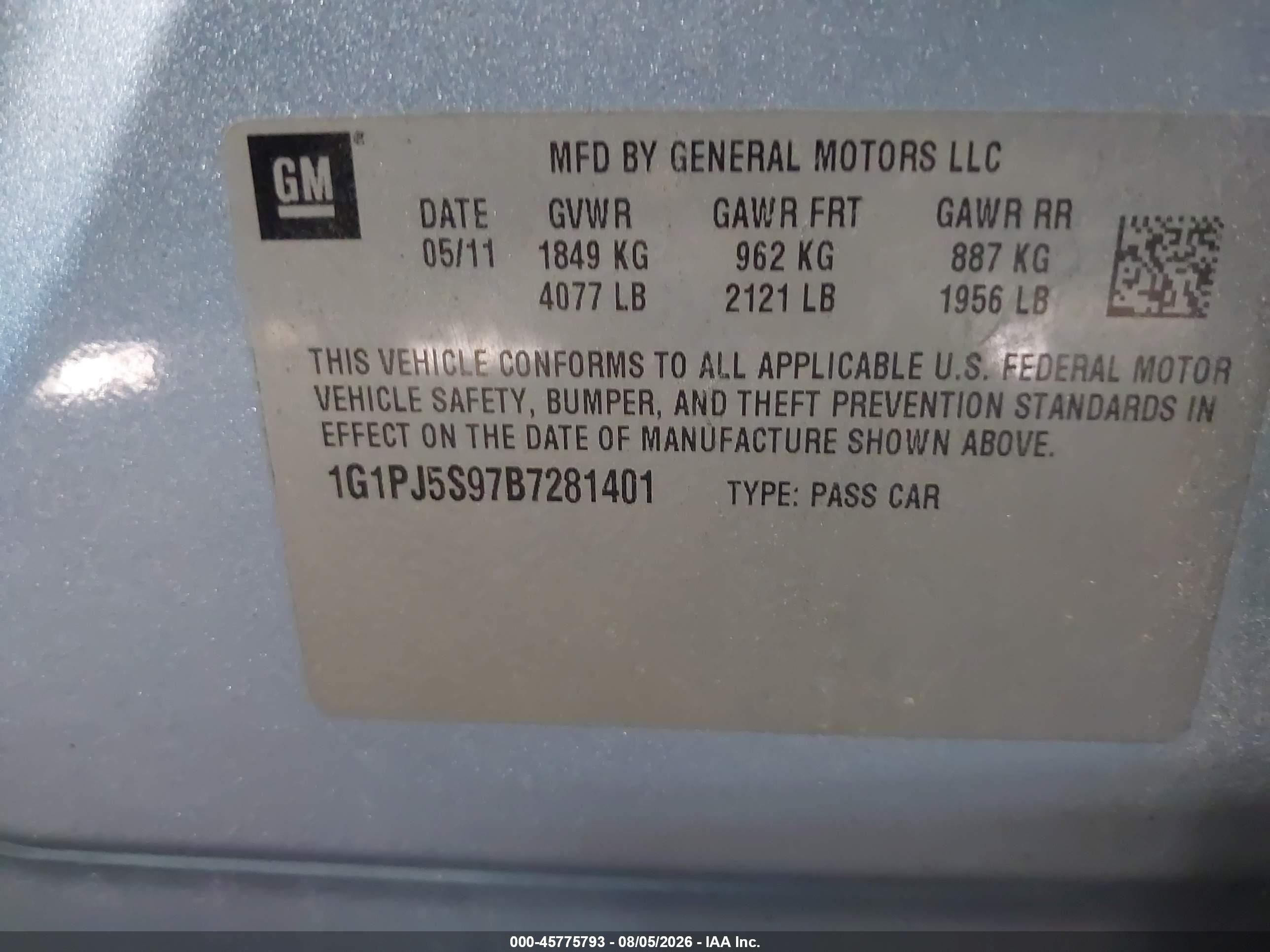2011 Chevrolet Cruze Eco Light Blue vin: 1G1PJ5S97B7281401