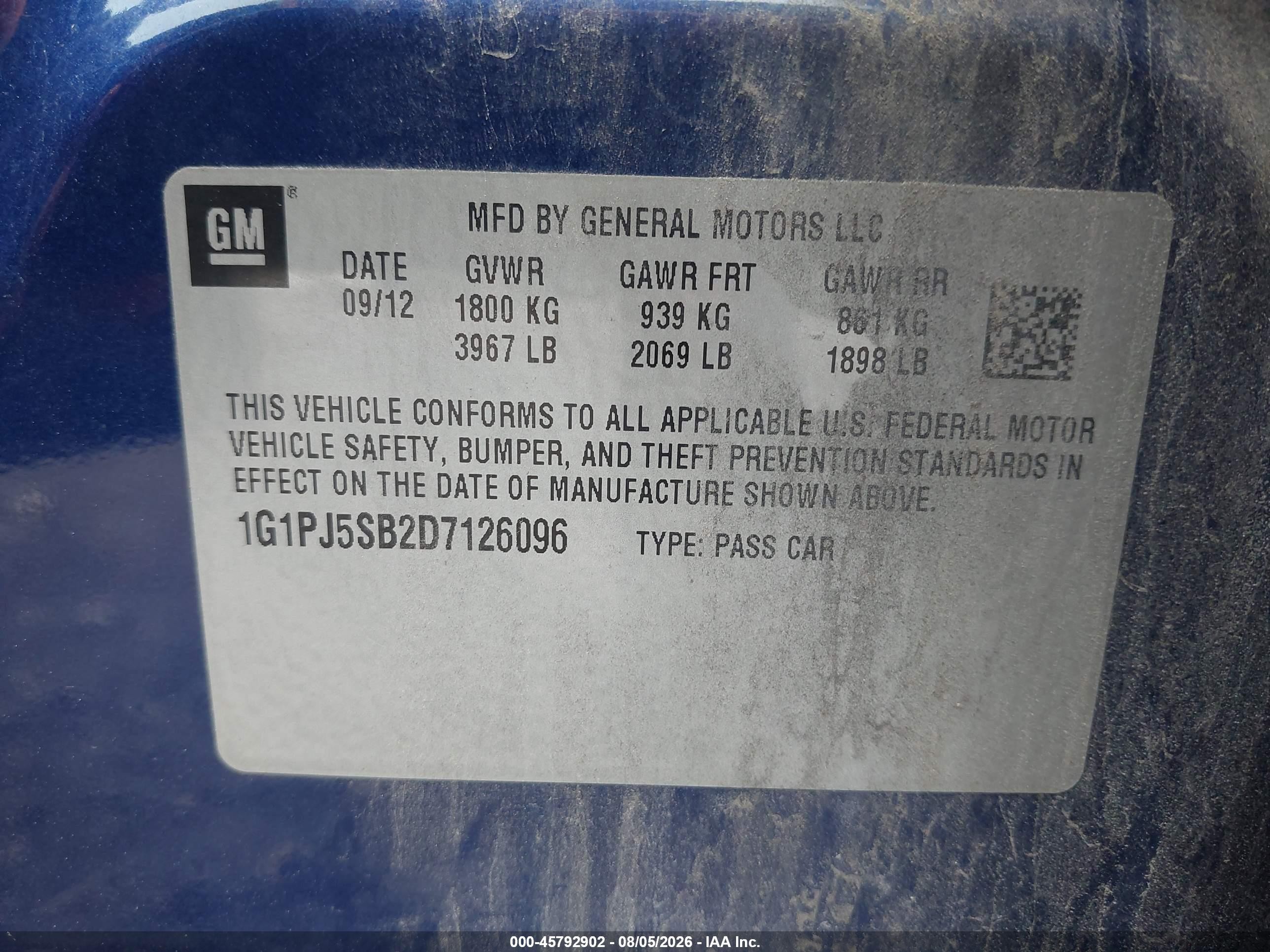 2013 Chevrolet Cruze Eco Manual Blue vin: 1G1PJ5SB2D7126096