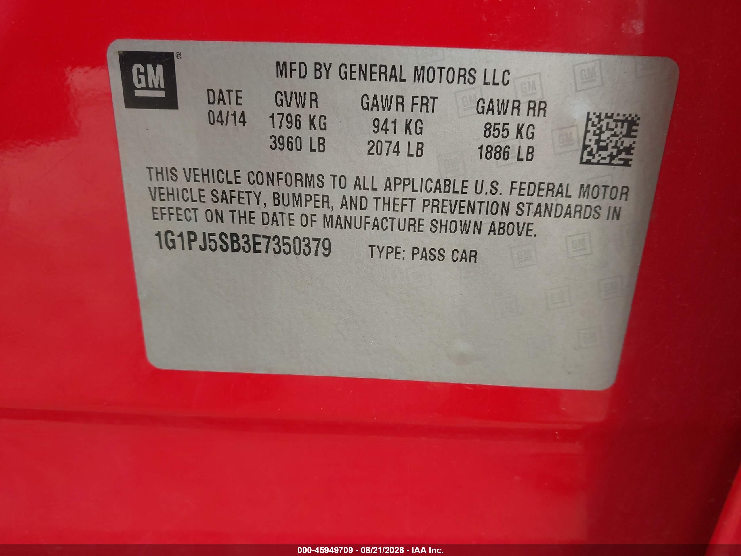 2014 Chevrolet Cruze Eco Manual Red vin: 1G1PJ5SB3E7350379
