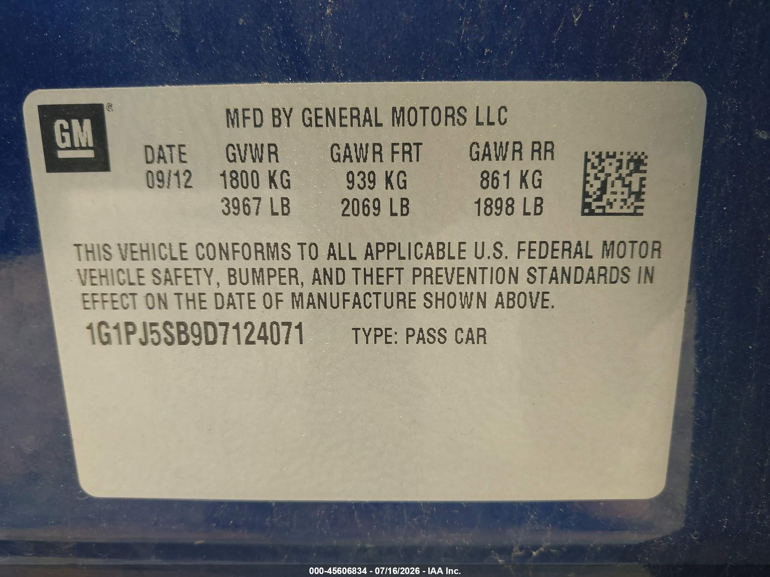 2013 Chevrolet Cruze Eco Manual Dark Blue vin: 1G1PJ5SB9D7124071