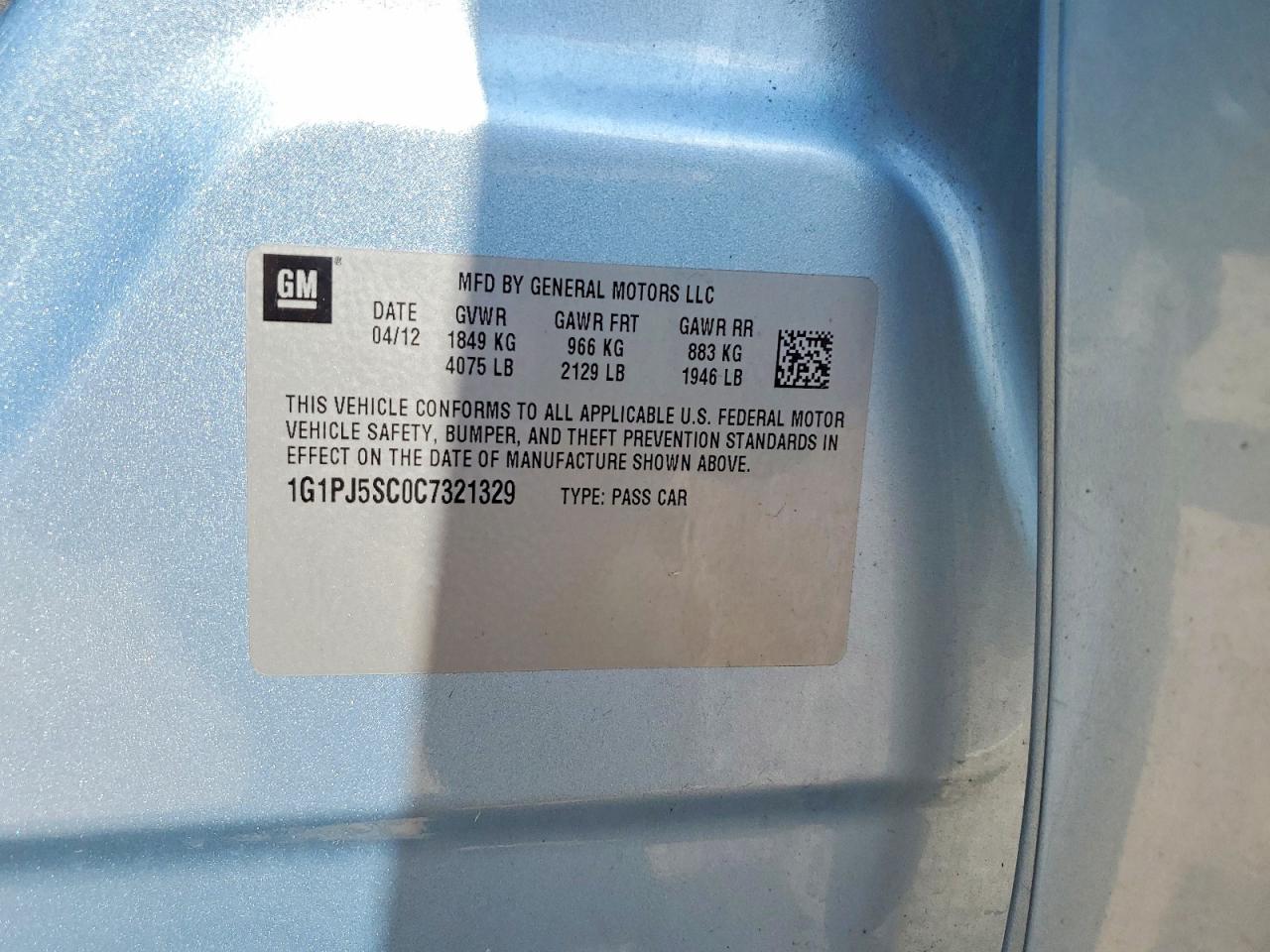 2012 Chevrolet Cruze Eco Blue vin: 1G1PJ5SC0C7321329
