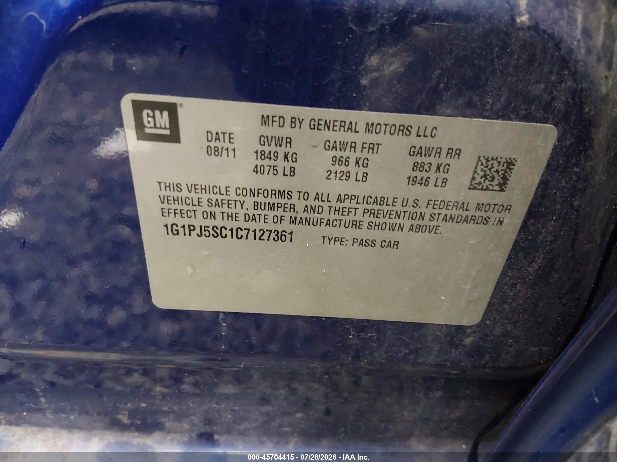 2012 Chevrolet Cruze Eco Blue vin: 1G1PJ5SC1C7127361