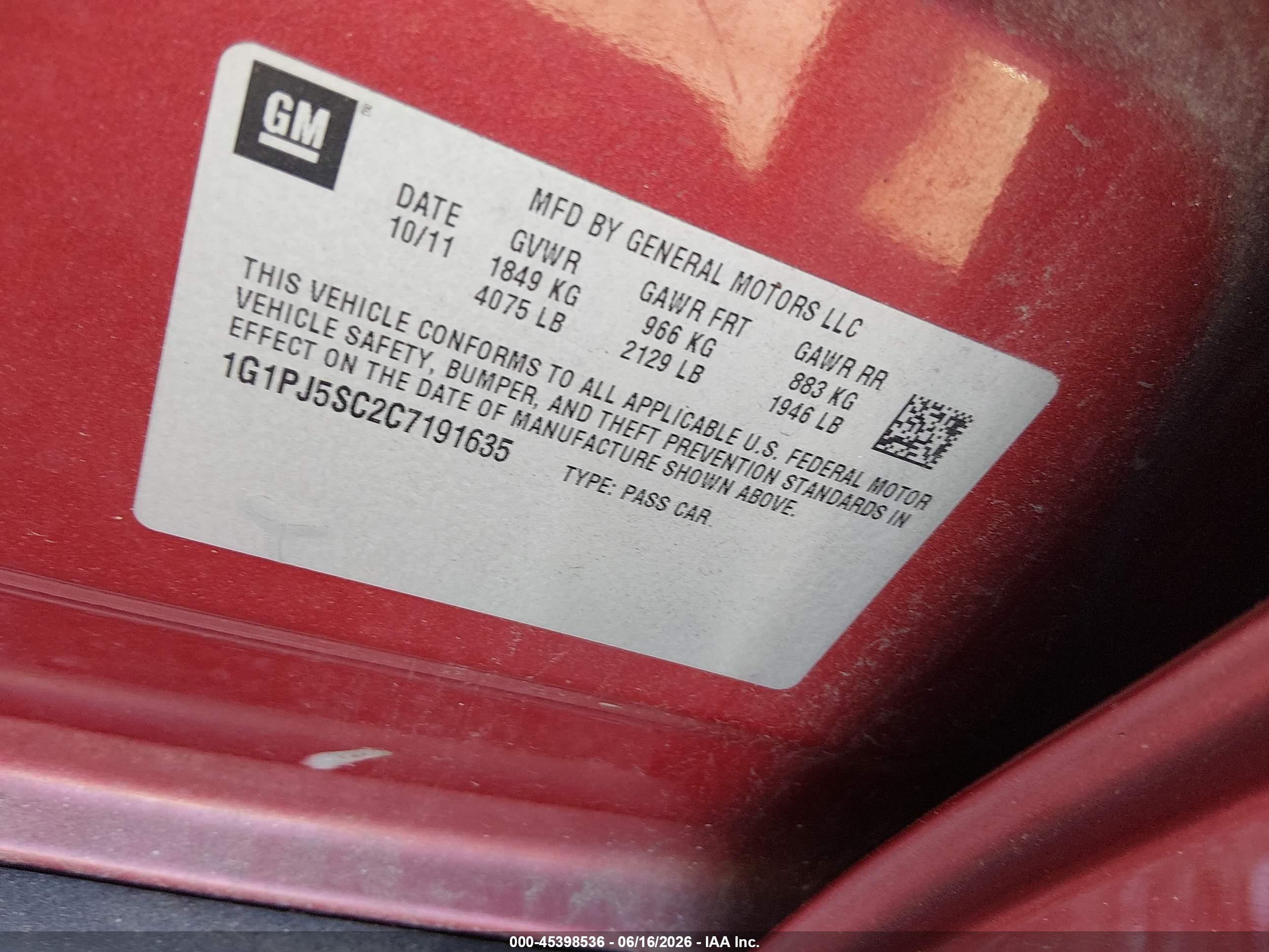 2012 Chevrolet Cruze Eco Red vin: 1G1PJ5SC2C7191635