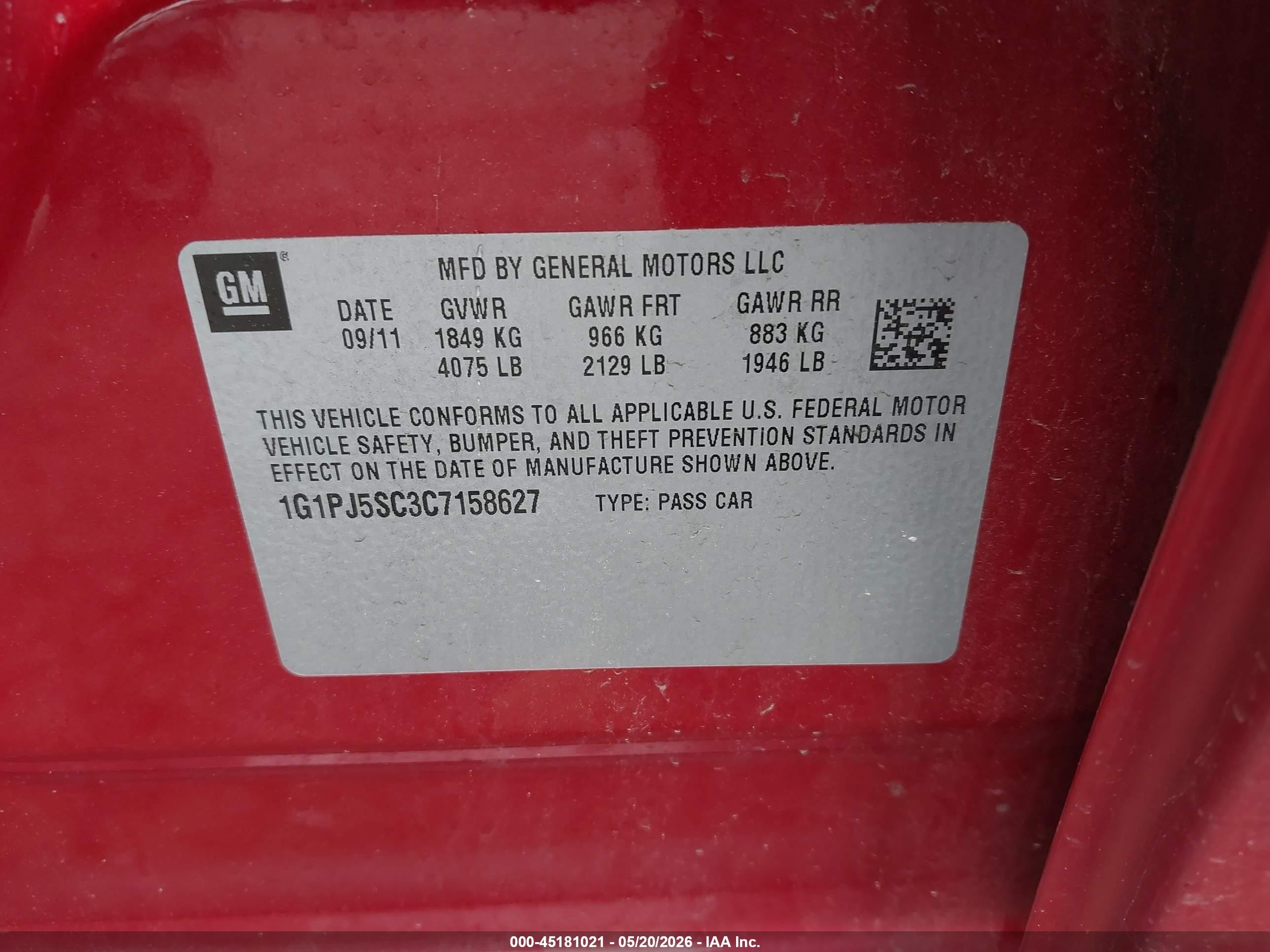 2012 Chevrolet Cruze Eco Red vin: 1G1PJ5SC3C7158627