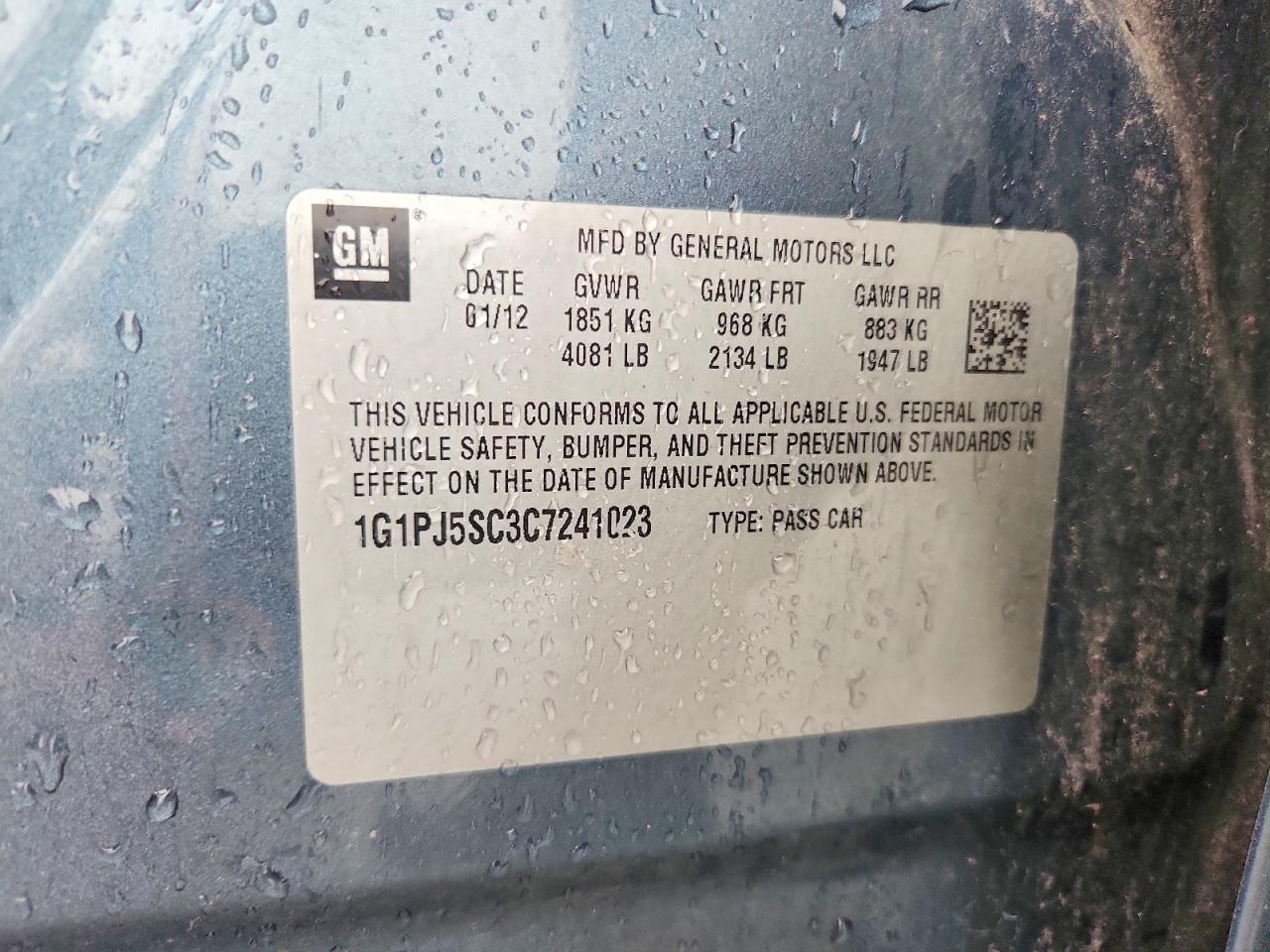 2012 Chevrolet Cruze Eco Blue vin: 1G1PJ5SC3C7241023